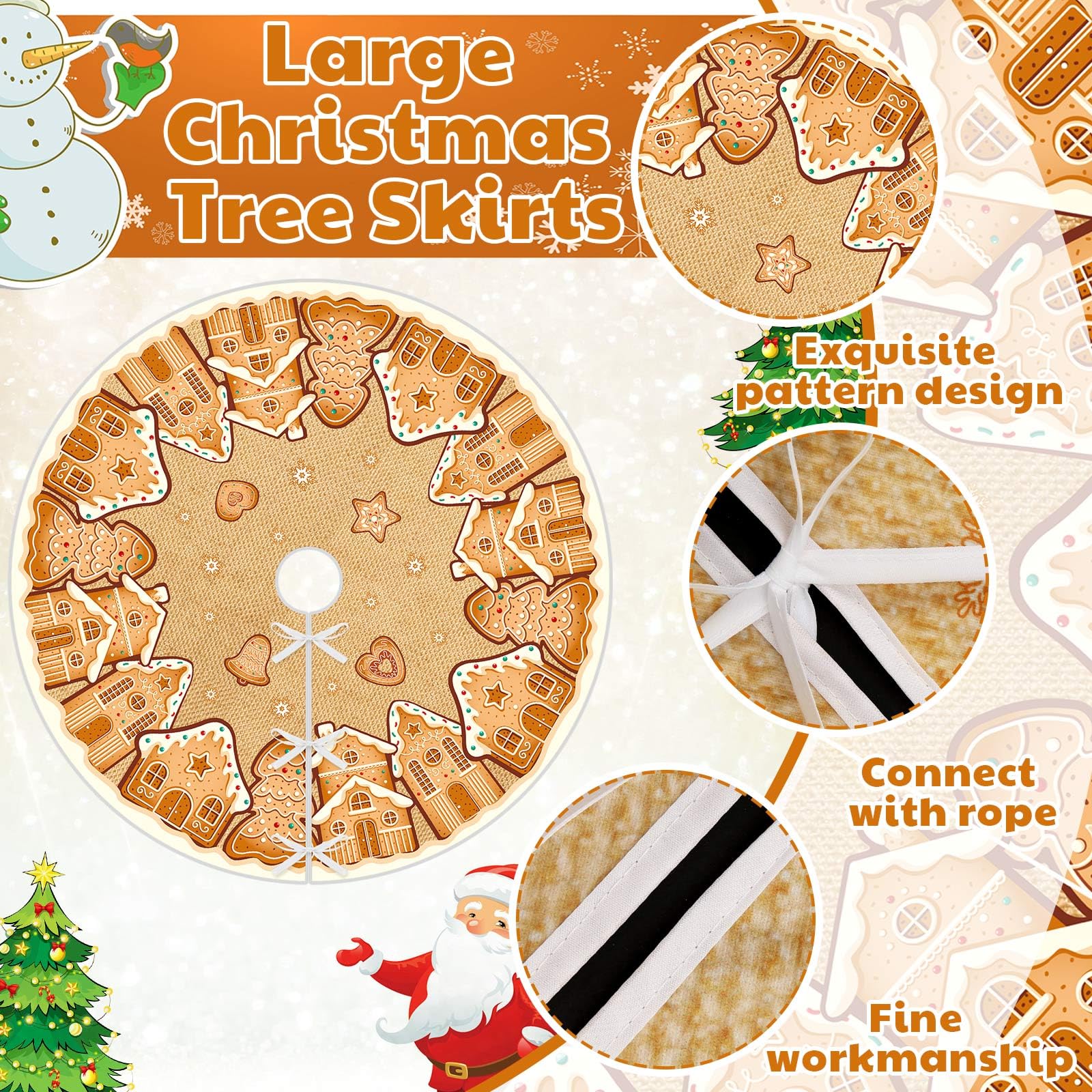 Motionchic 48 Inches Christmas Tree Skirt Gingerbread House Pattern Christmas Tree Mat Cookies Sugar Candy Ornaments Decorations