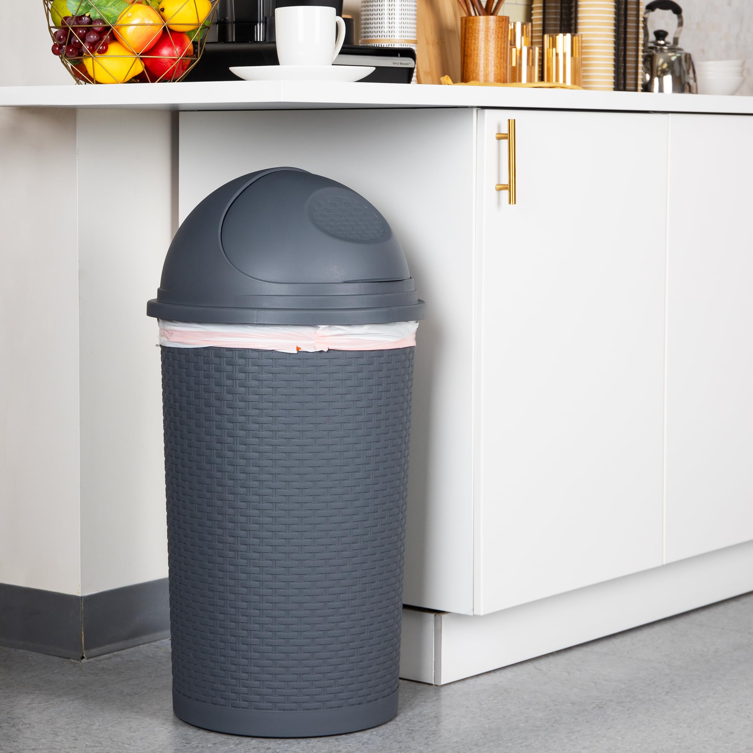 Mind Reader 55L Roll-Top Kitchen Garbage Can, Trash Can With Lid, Premium Wicker Design, Plastic, 16''L X 16''W X 31.5''H, Gray