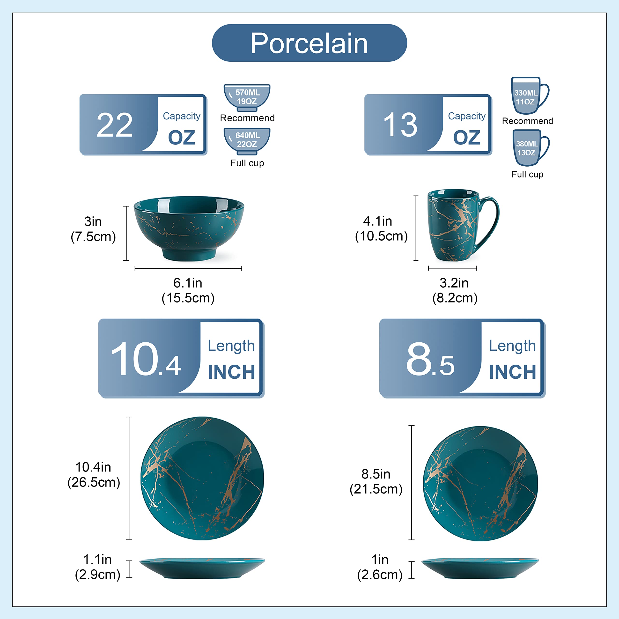 LOVECASA Porcelain Dinnerware Set for 4, 16 Piece Plates and Bowls Sets Color Glaze with Gold Plate Dish Set, Kitchen Dinner Set