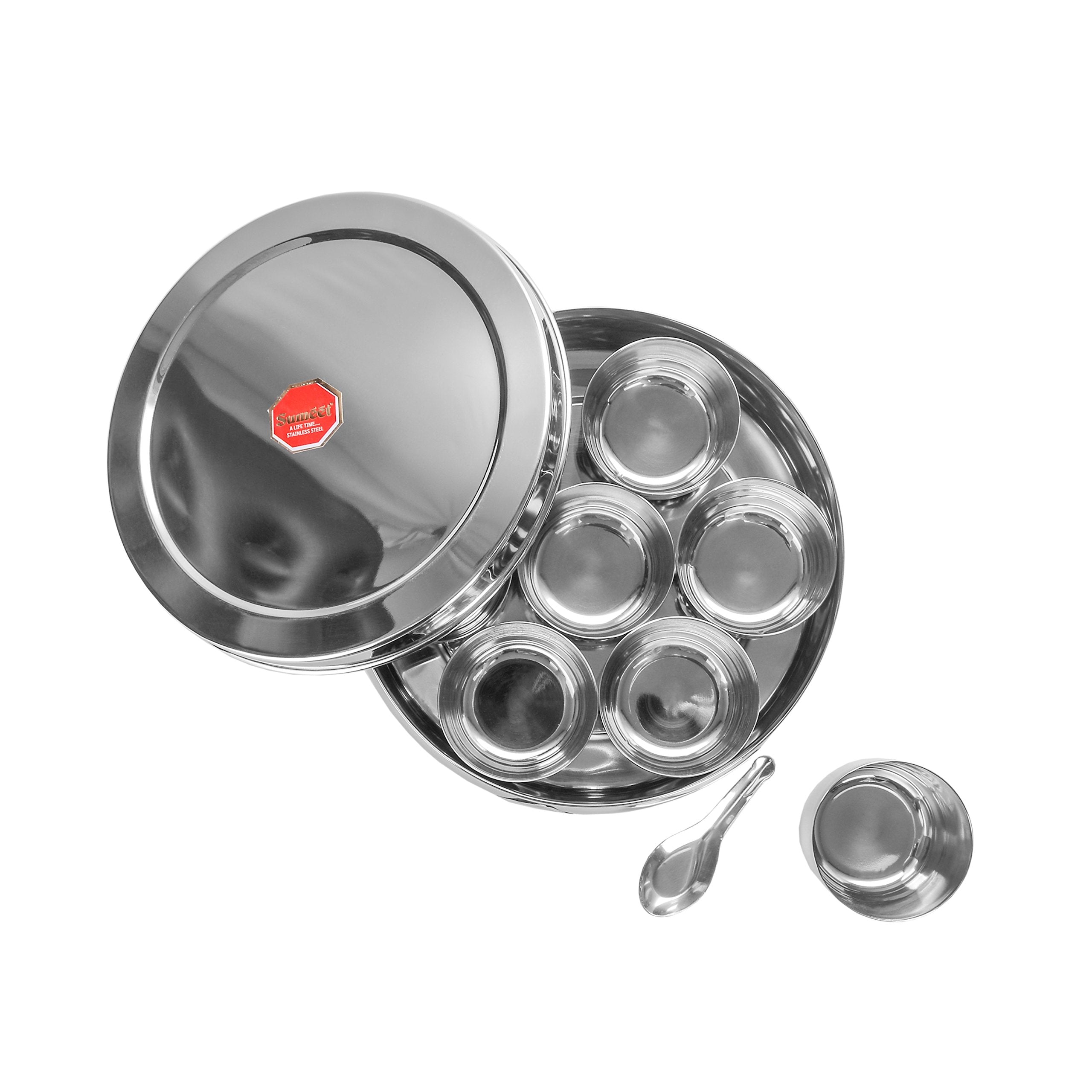 Sumeet Stainless Steel Belly Shape Masala (Spice) Box/Dabba/Organiser With 7 Containers And Small Spoon Size No. 10 (17.1Cm Dia)