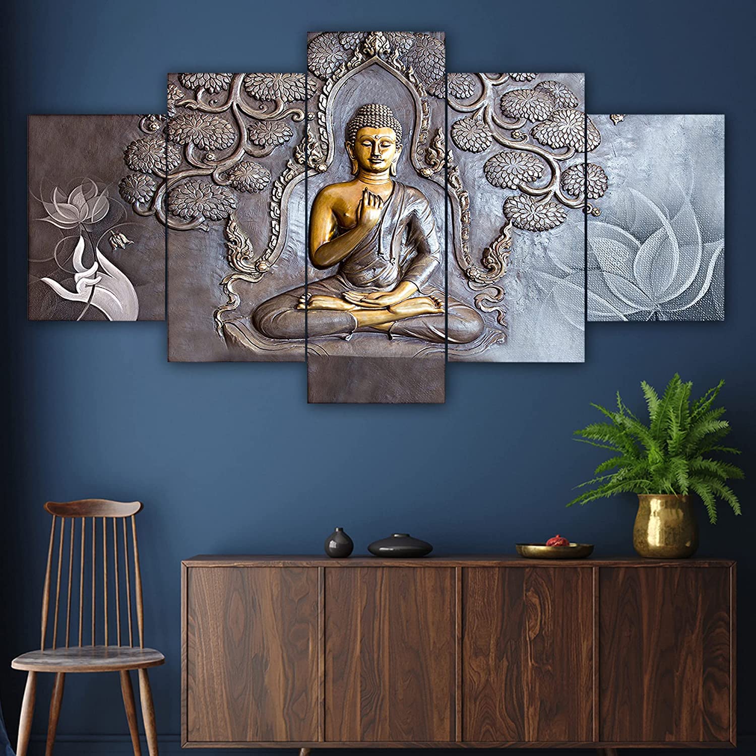 Cn Retails Set Of 5 Wooden Framed 3D Buddha Wall Painting For Living Room 3D Scenery For Wall (50Inch X 30Inch,Multicolor) Mf999