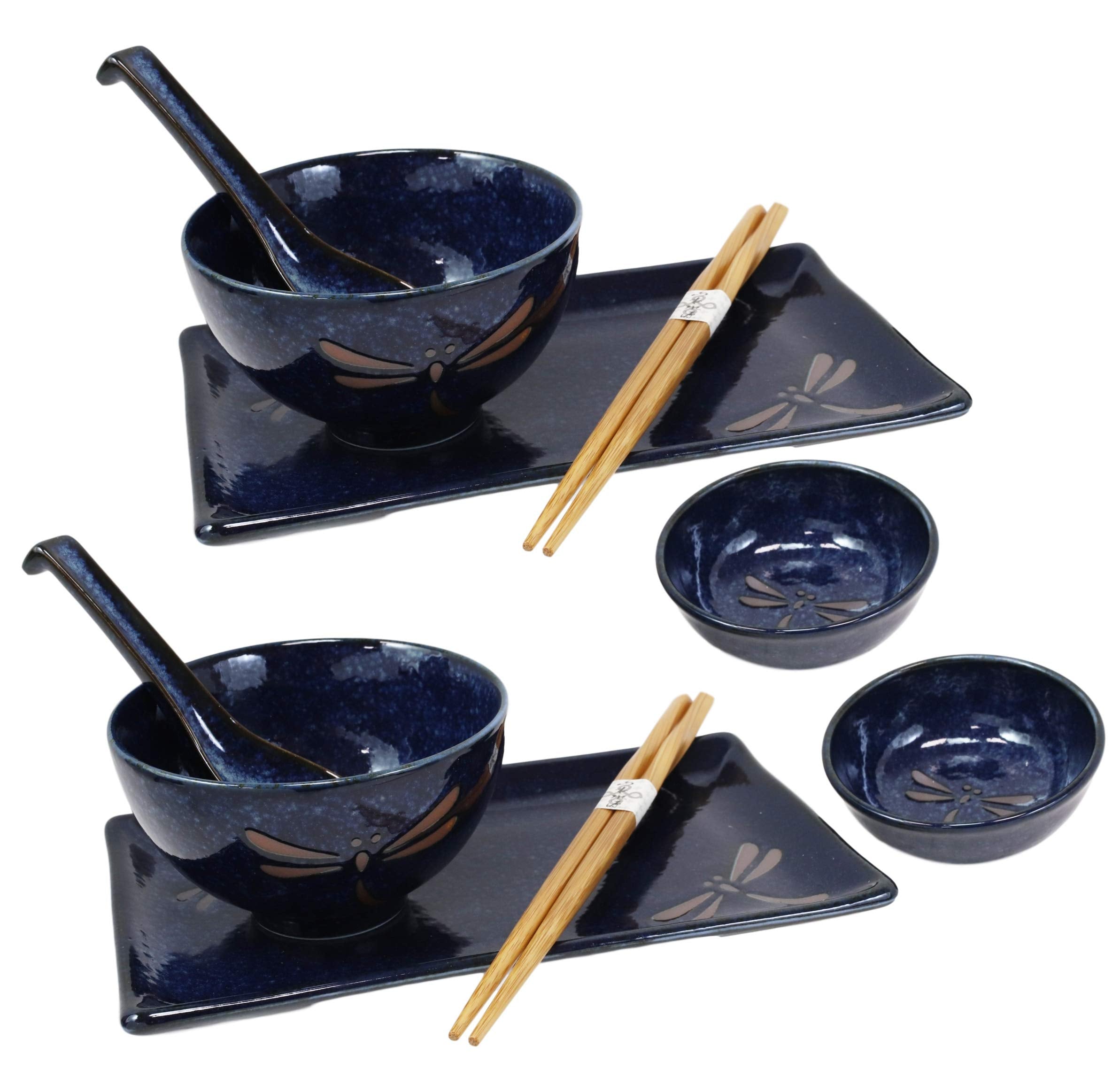 Ebros Gift Japanese Mino Ware Tombo Dragonfly Blue Porcelain Sushi Dinnerware 10Pc Set For 2 People Pairs Of Sushi Plates Soup A