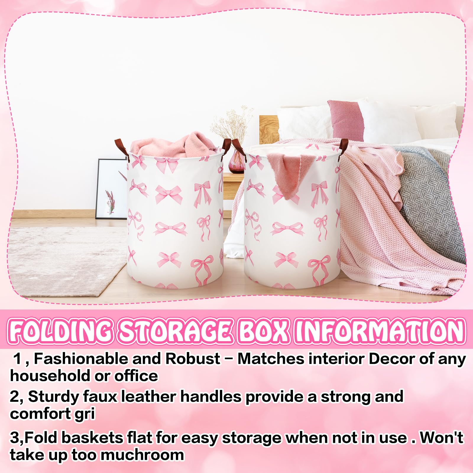 Croblissful 2 Pcs Coquette Pink Bow Laundry Basket Coquette Storage Basket For Girls Nursery Hamper With Handles Foldable Waterp