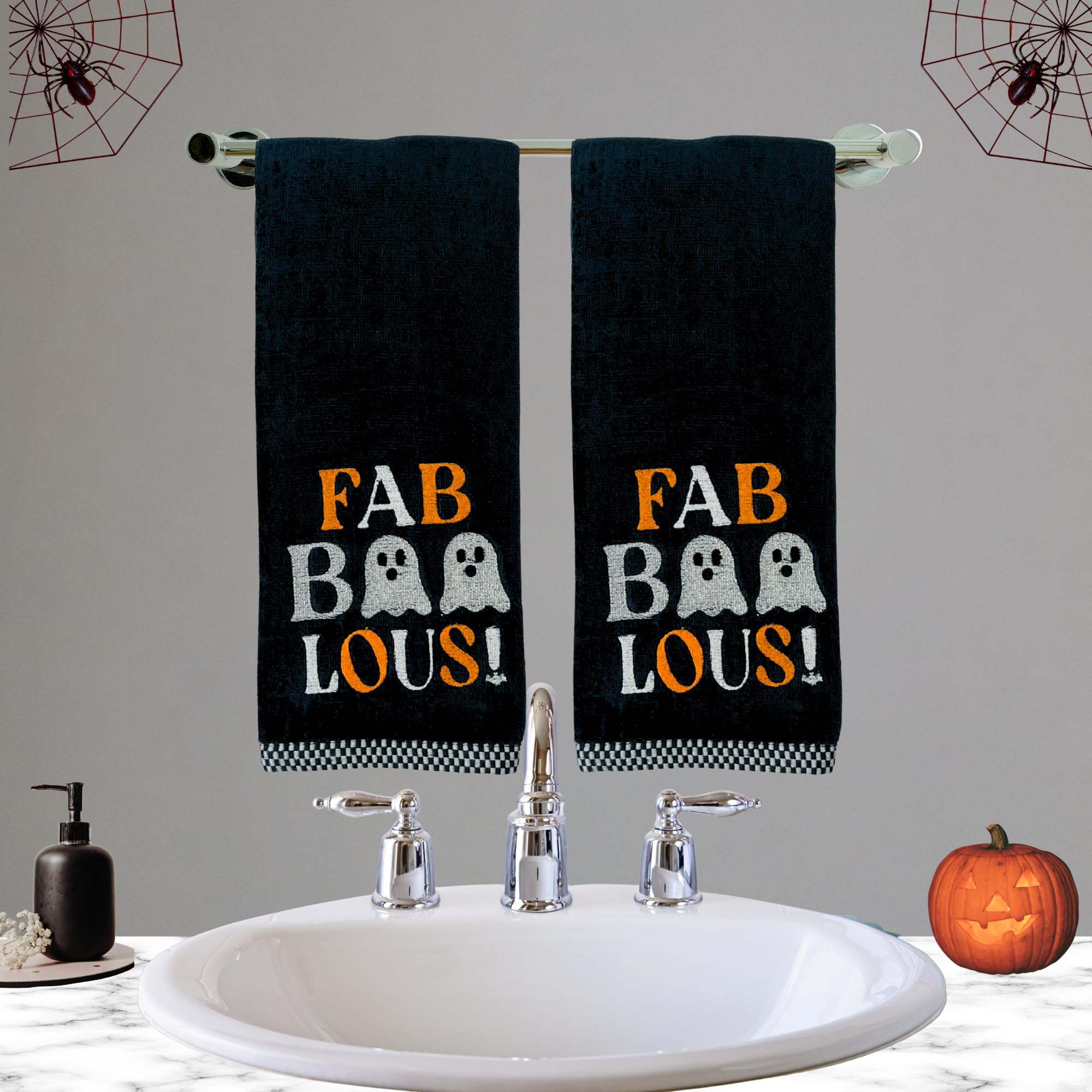 Halloween Bathroom Hand Towels Set of 2-16    x 25    Embroidered Ghost Faboolous Design- Decorative Seasonal Holiday Bath Decor
