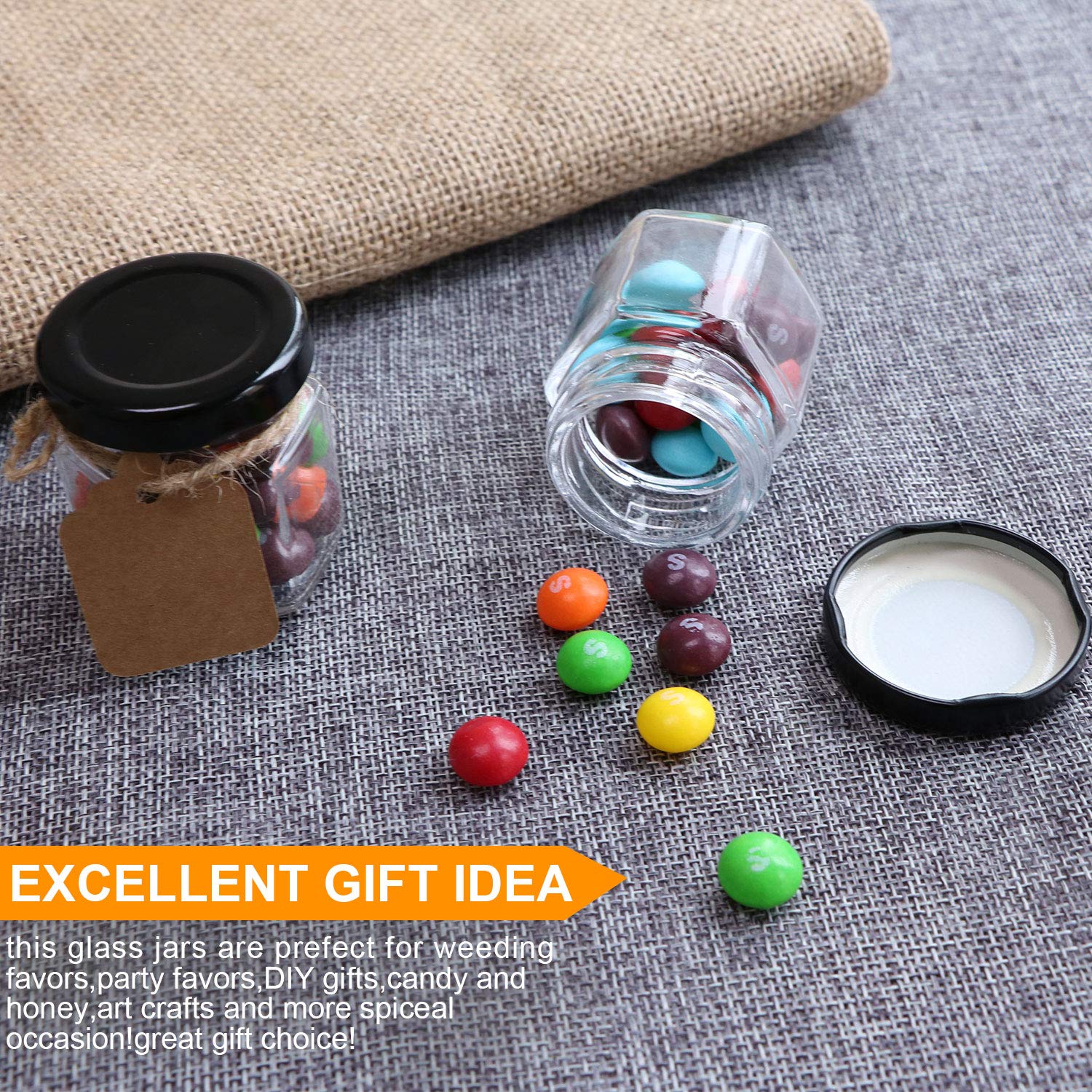 Encheng 1.5 Oz Clear Hexagon Jars,Small Glass Jars With Lids(Black),Mason Jars For Herbs,Foods,Jams,Liquid,Mini Spice Jars For S