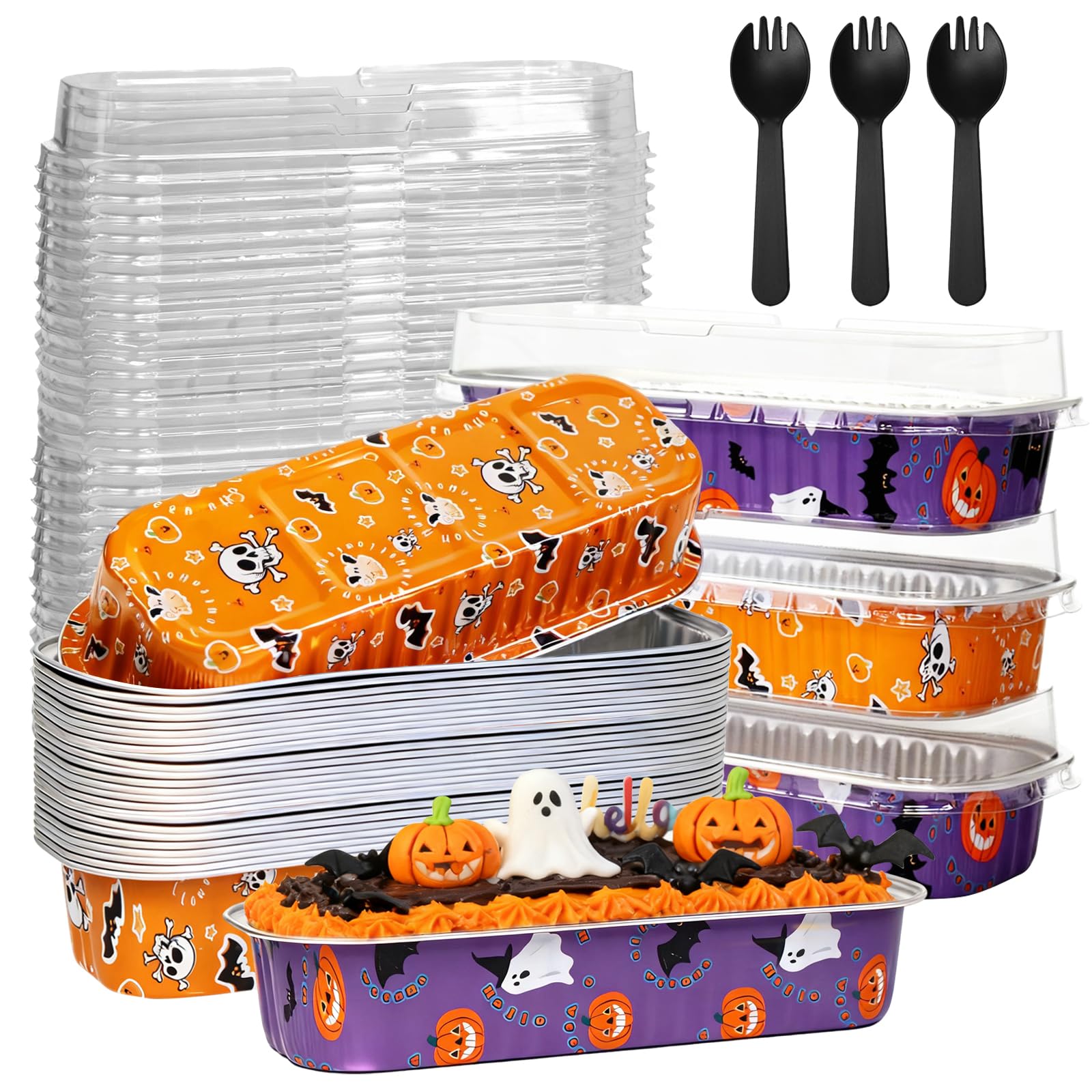 ylnurac 100Pack Halloween Mini Cake Pans Disposable Mini Loaf Pans with Lids and Spoons, 6.8Oz Aluminum Foil Pans Tins, Individu