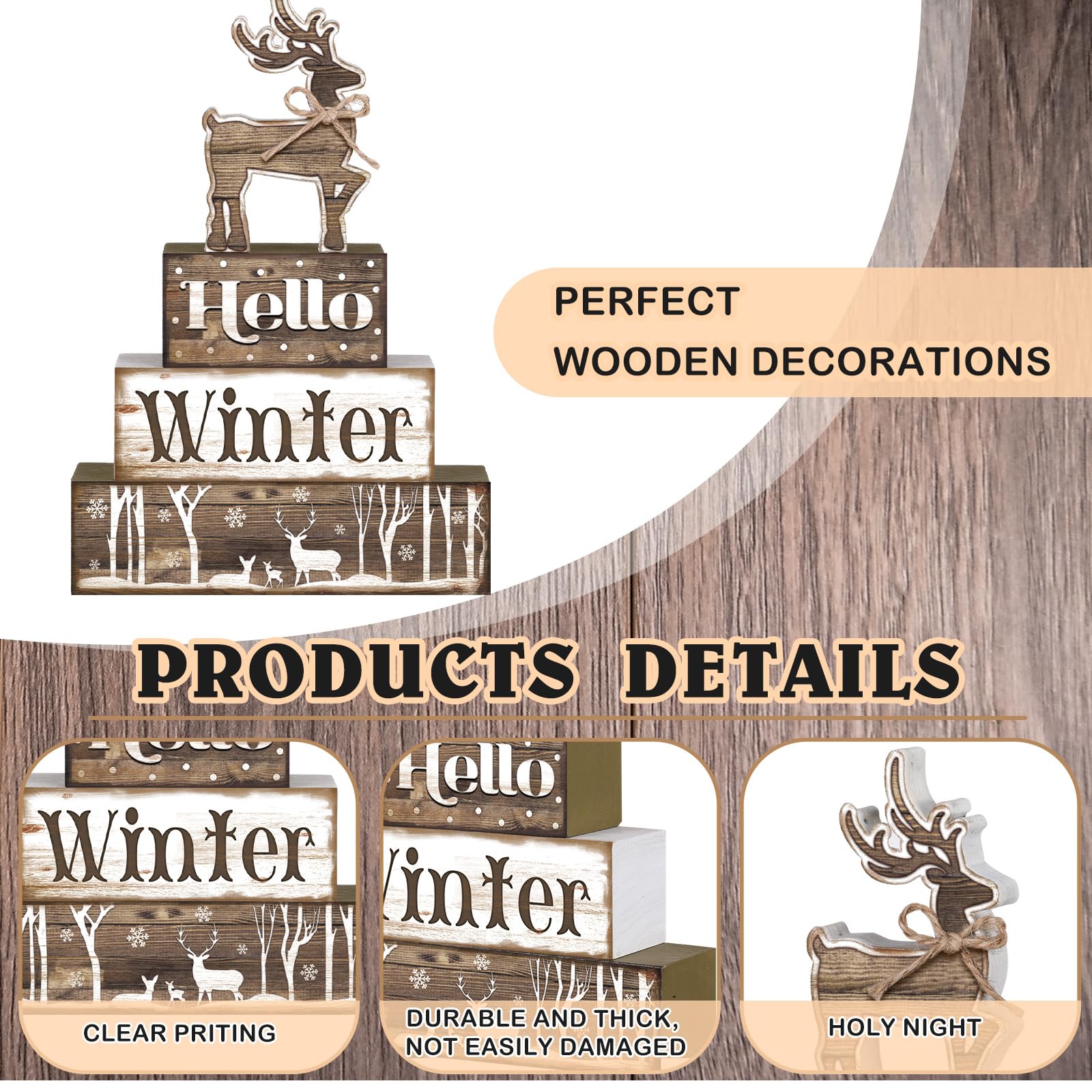 Moucuny 4 Pcs Hello Winter Table Decor Winter Tiered Tray Decor Elk Wooden Decorative Signage Centerpieces Farmhouse Wooden Bloc
