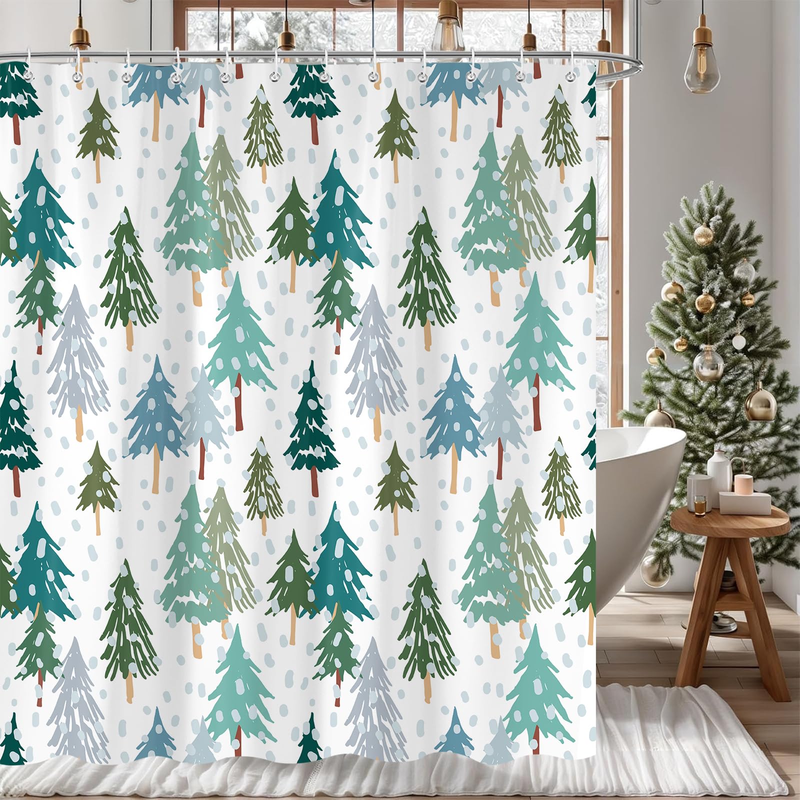 Paopoed Christmas Tree Shower Curtain, Green Pine Tree Winter Xmas Tree Snow Forest Nature Scene Holiday New Year Bathroom Decor