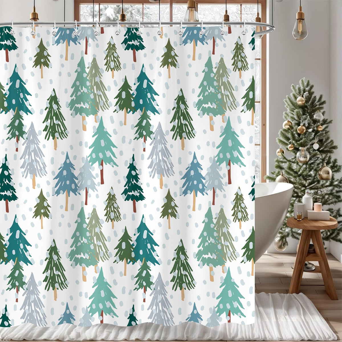 Paopoed Christmas Tree Shower Curtain, Green Pine Tree Winter Xmas Tree Snow Forest Nature Scene Holiday New Year Bathroom Decor