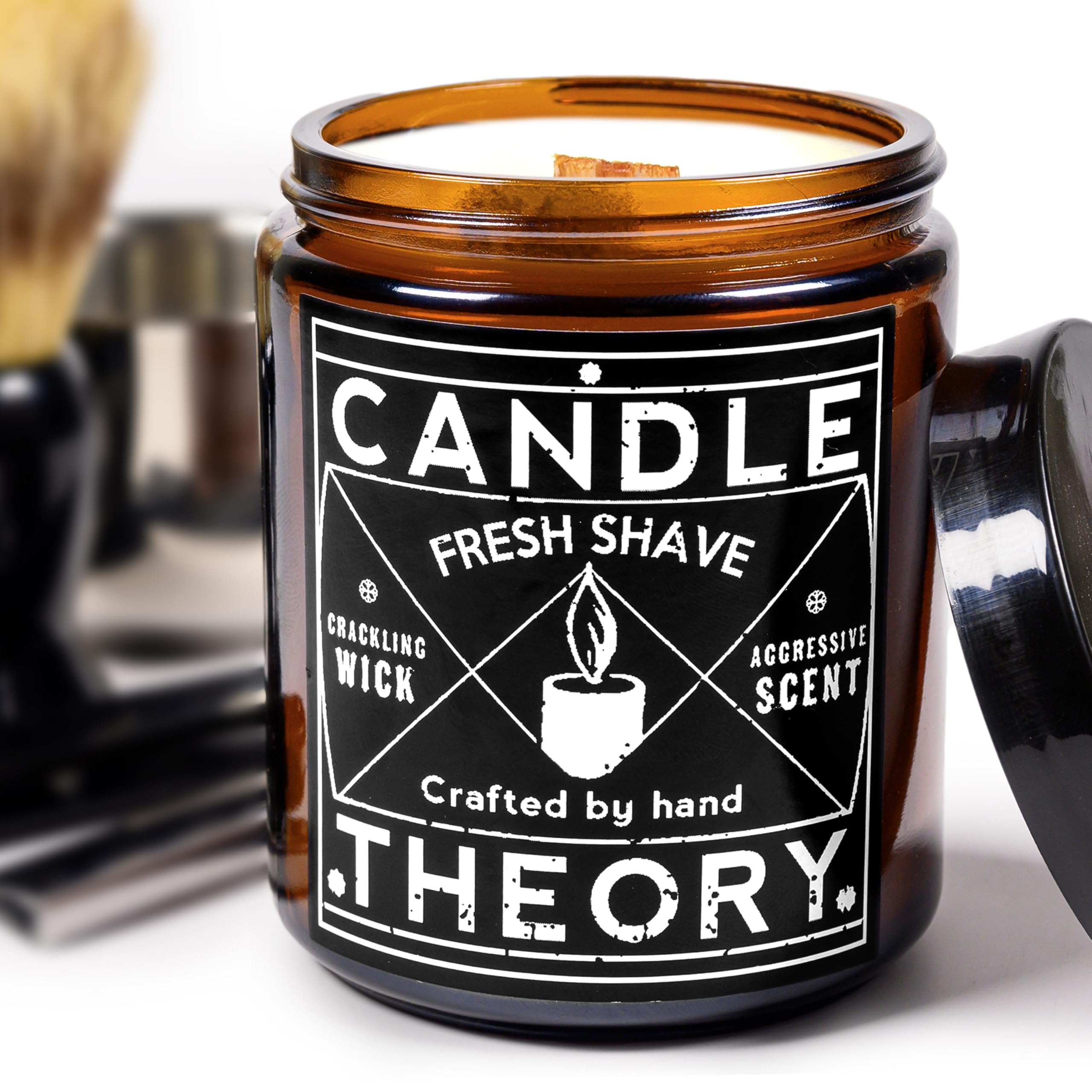 Candle Theory Fresh Shave Scented Candle for Men 7.6 Ounce, Crackling Candle Men, Mens Candle for Bedroom, Scented Man Candle fo