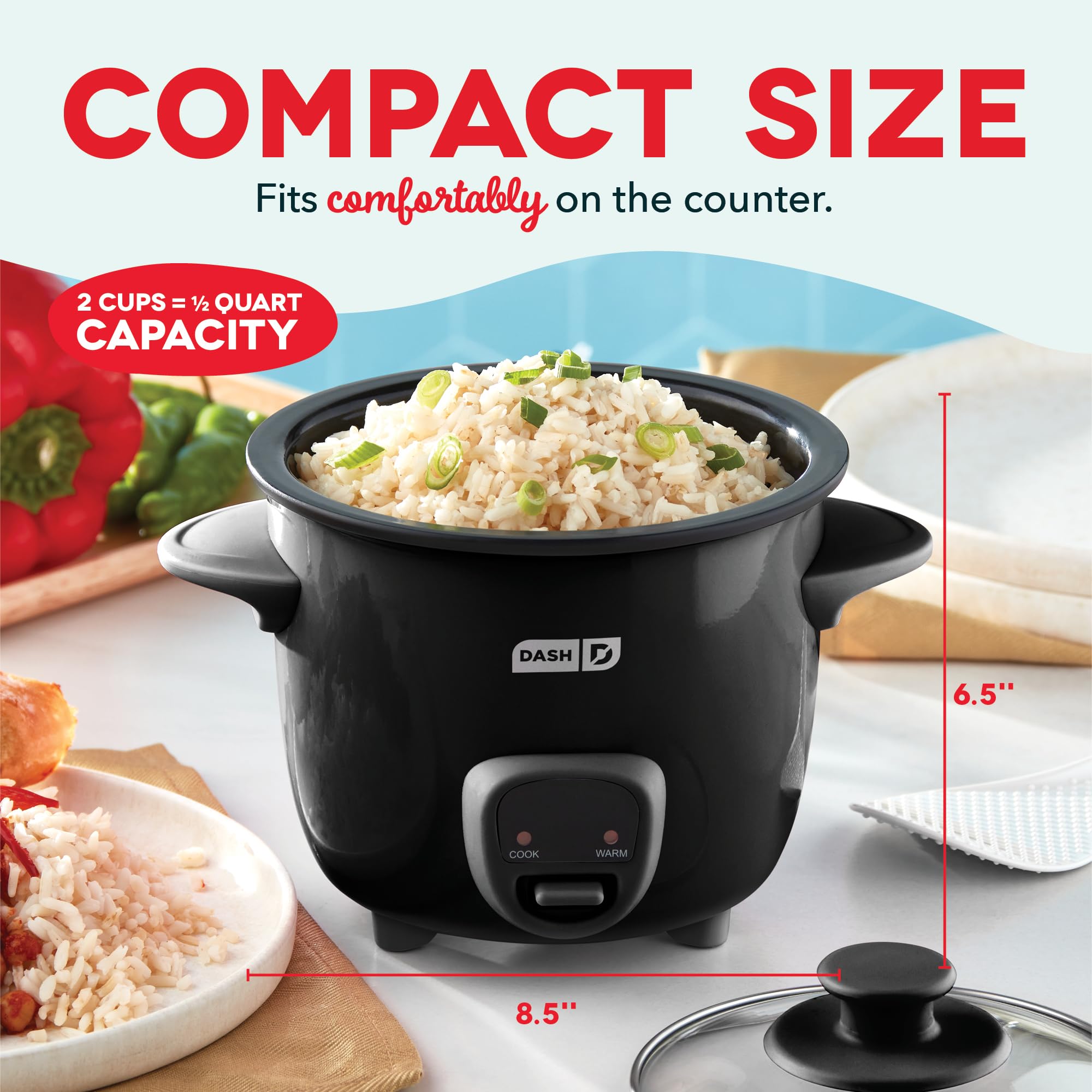 Dash Mini Rice Cooker Steamer With Removable Nonstick Pot, Keep Warm Function & Recipe Guide, One Half Quart, For Soups, Stews,