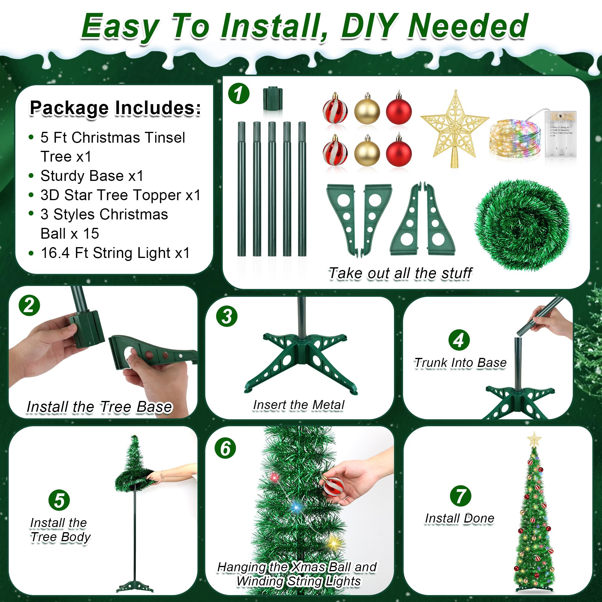 5FT Pop Up Christmas Tree with Timer 60 Warm White & Multi Color Fairy Light 3D Star 25 Ball Ornament, Green Tinsel Christmas Tr