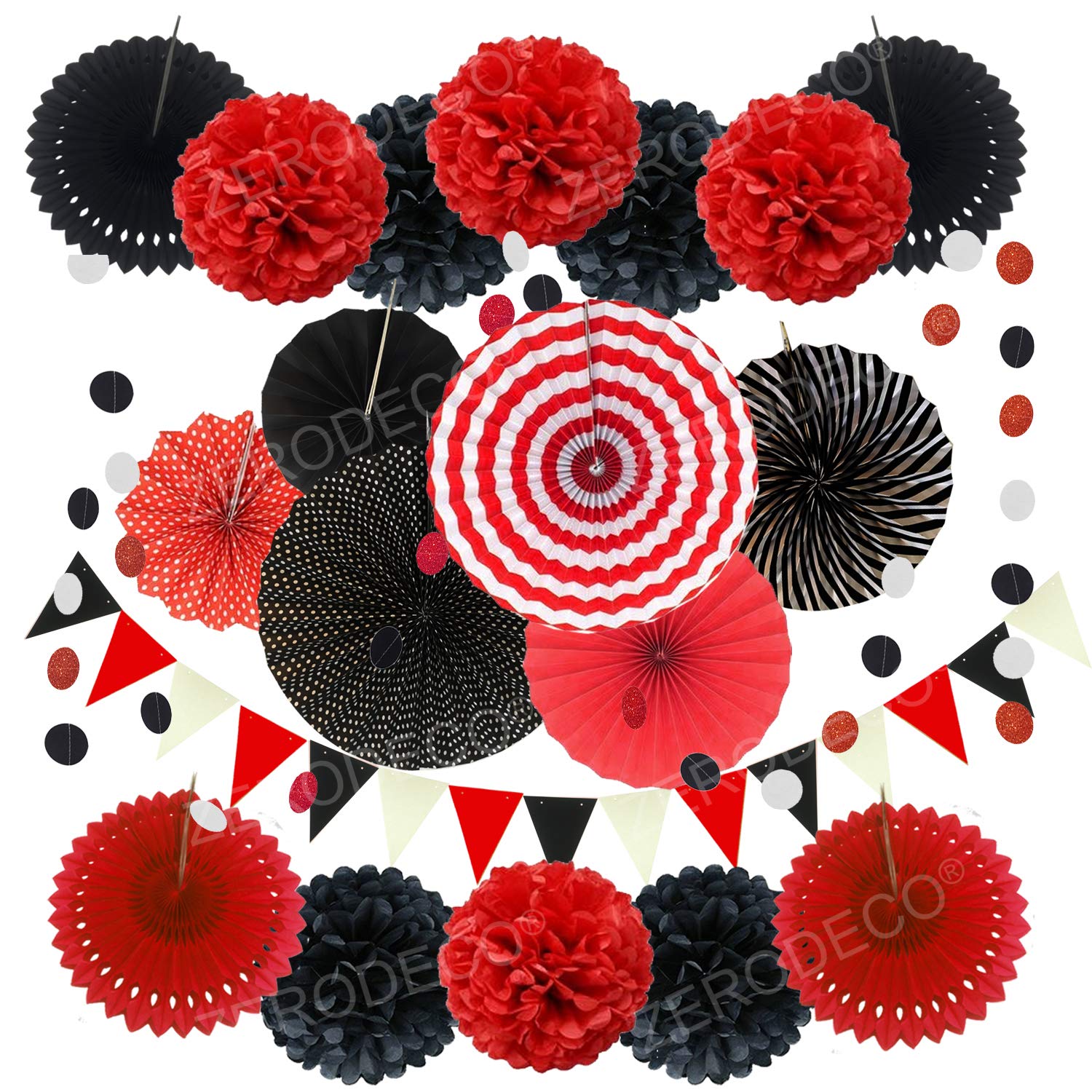 Zerodeco Party Decoration, 21 Pcs Black And Red Hanging Paper Fans Pom Poms Flowers, Garlands String Polka Dot And Triangle Bunt