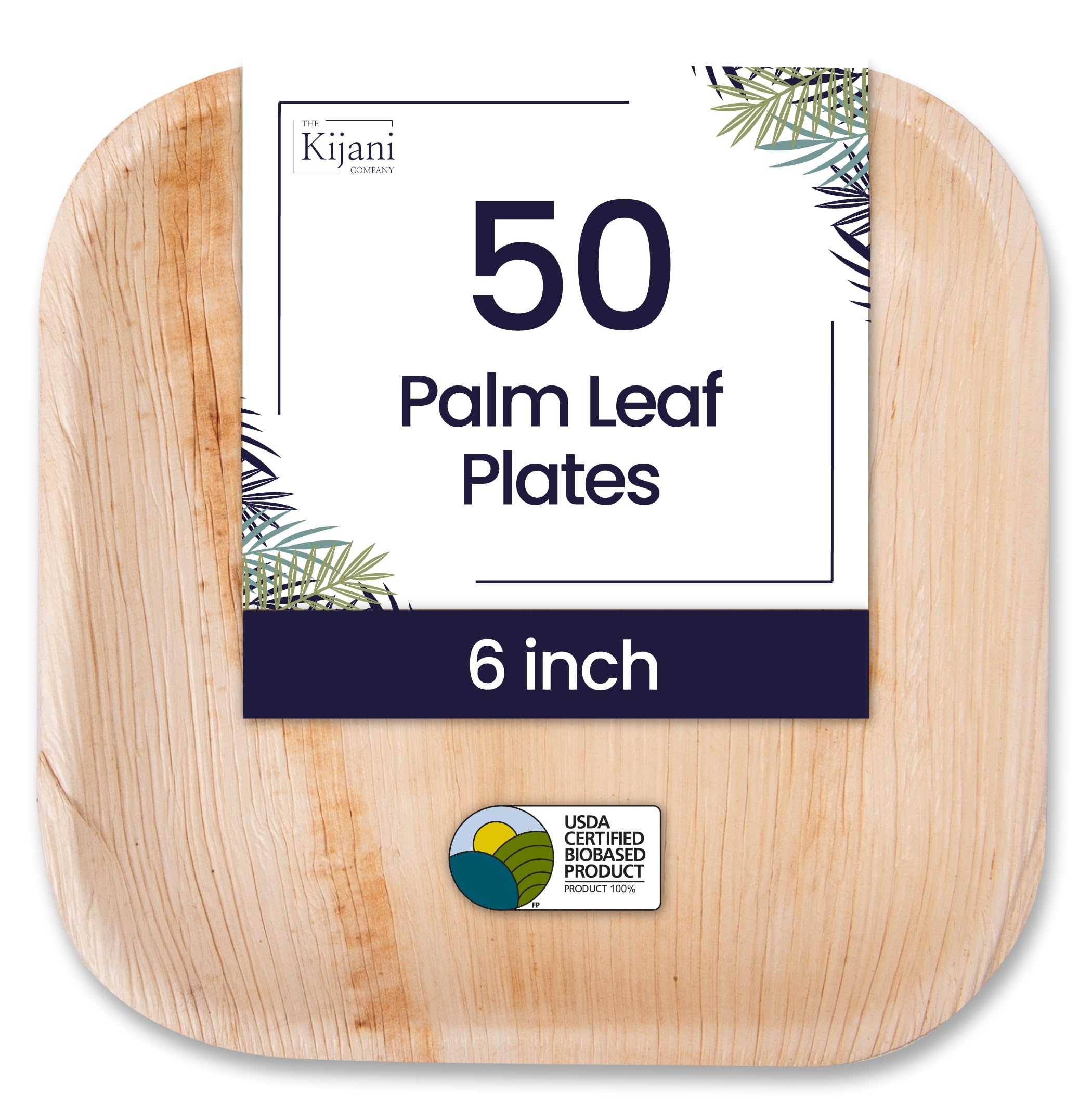 Kijani Palm Leaf Plates  Bamboo Plates Disposable Like  6 Inch Square 50 Pack  Biodegradable  Compostable & Eco-friendly  Premium  Sturdy  Durable & Heavy Duty Wood Style  Dessert Plates