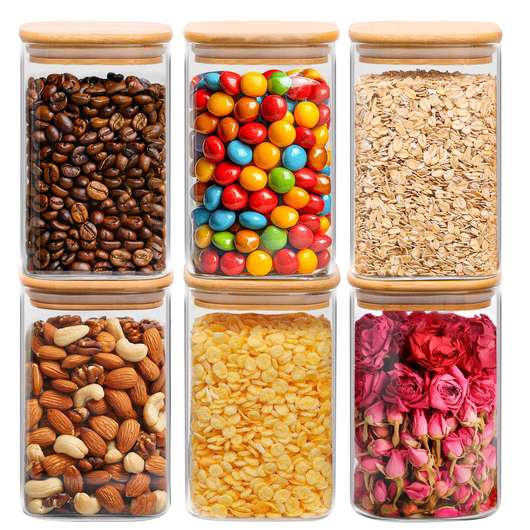 Comsaf 37 Oz Glass Storage Containers With Lids, Glass Jars With Lids, Clear Food Storage Jar, Square Glass Canister Set Of 6, P