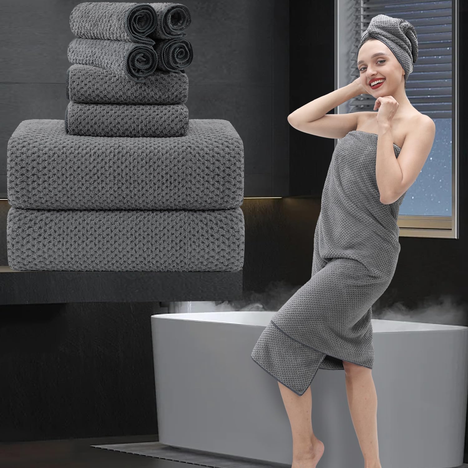 8 Piece Bathroom Towel Set Dark Gray 2 Oversized Large Bath Towels Sheet,2 Hand Towels And 4 Washcloths 600Gsm Ultra Soft Luxury