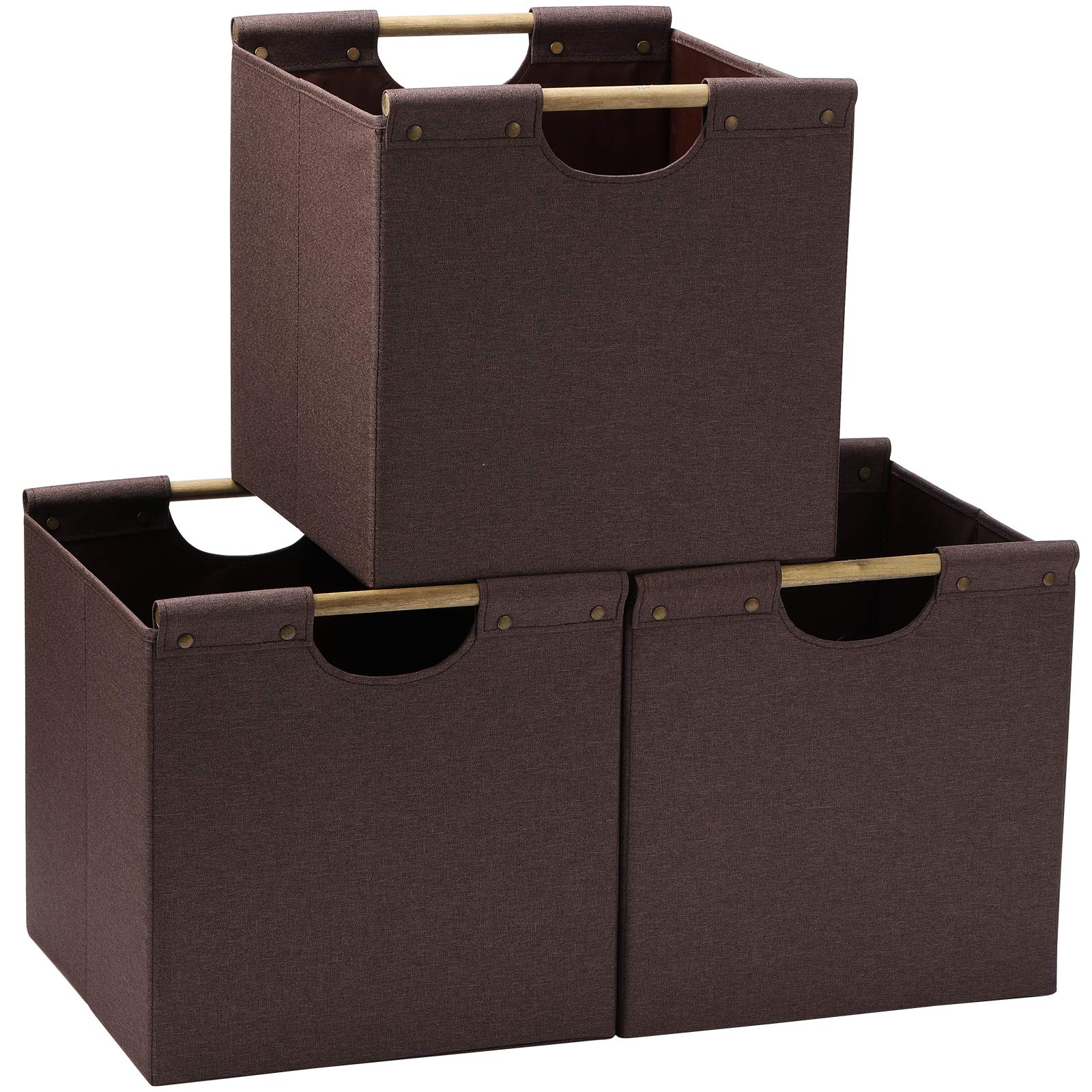 Hoonex Collapsible Storage Bins, 13X13X13 Inches Storage Cubes Linen Fabric, 3 Pack, Storage Baskets With Wooden Carry Handles A