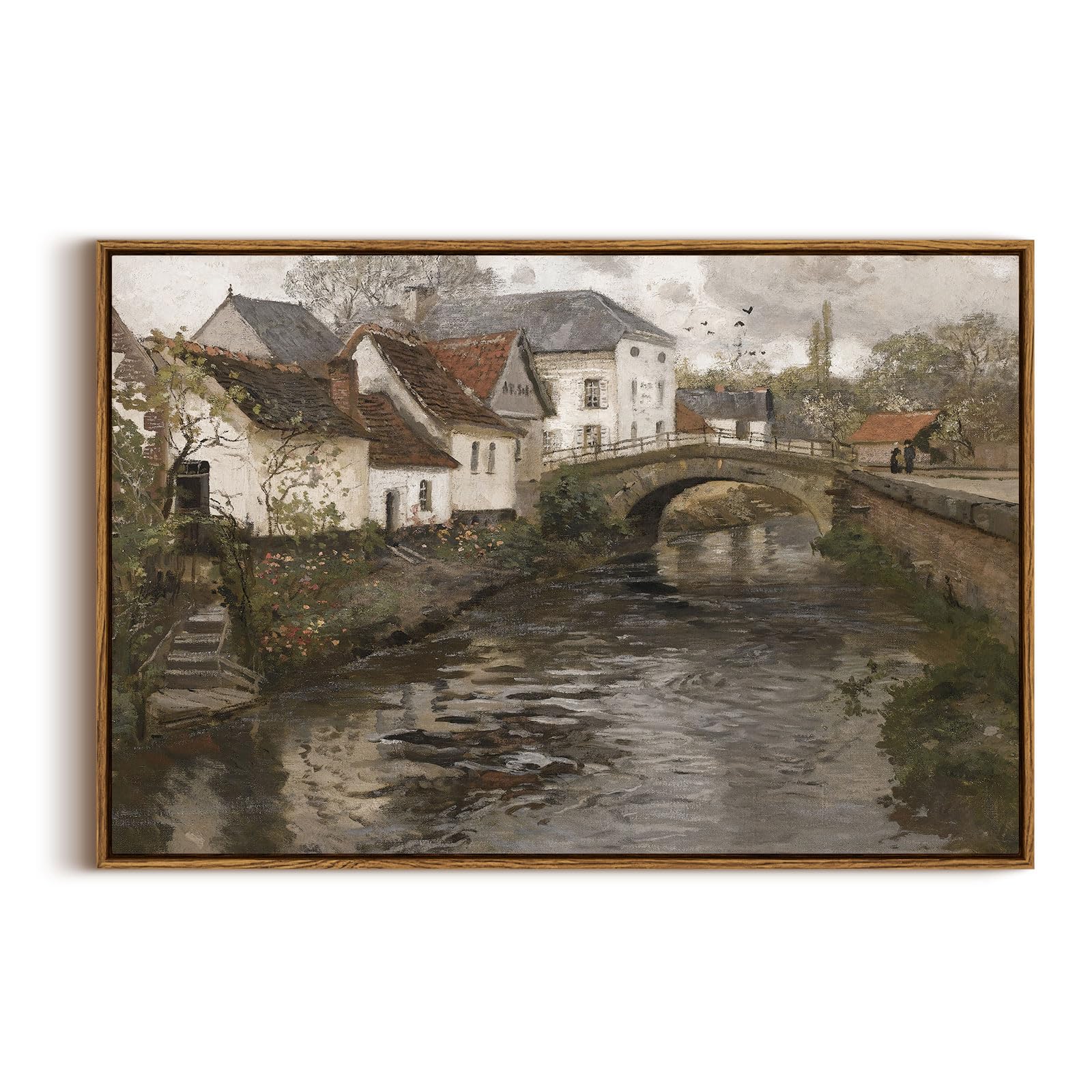 Insimsea Framed Canvas Wall Art Vintage Decor, Riverside Small Town Large Canvas Prints Home Decor, Rustic Farmhouse Hanging Wal