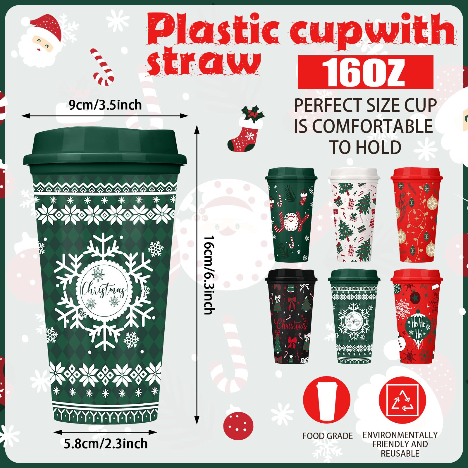 Pickmesh 12 Pack Christmas Coffee Cups Gifts Bulk 16 oz Reusable Coffee Cup Tumblers with Lid Plastic Cups Travel Mug Thank You