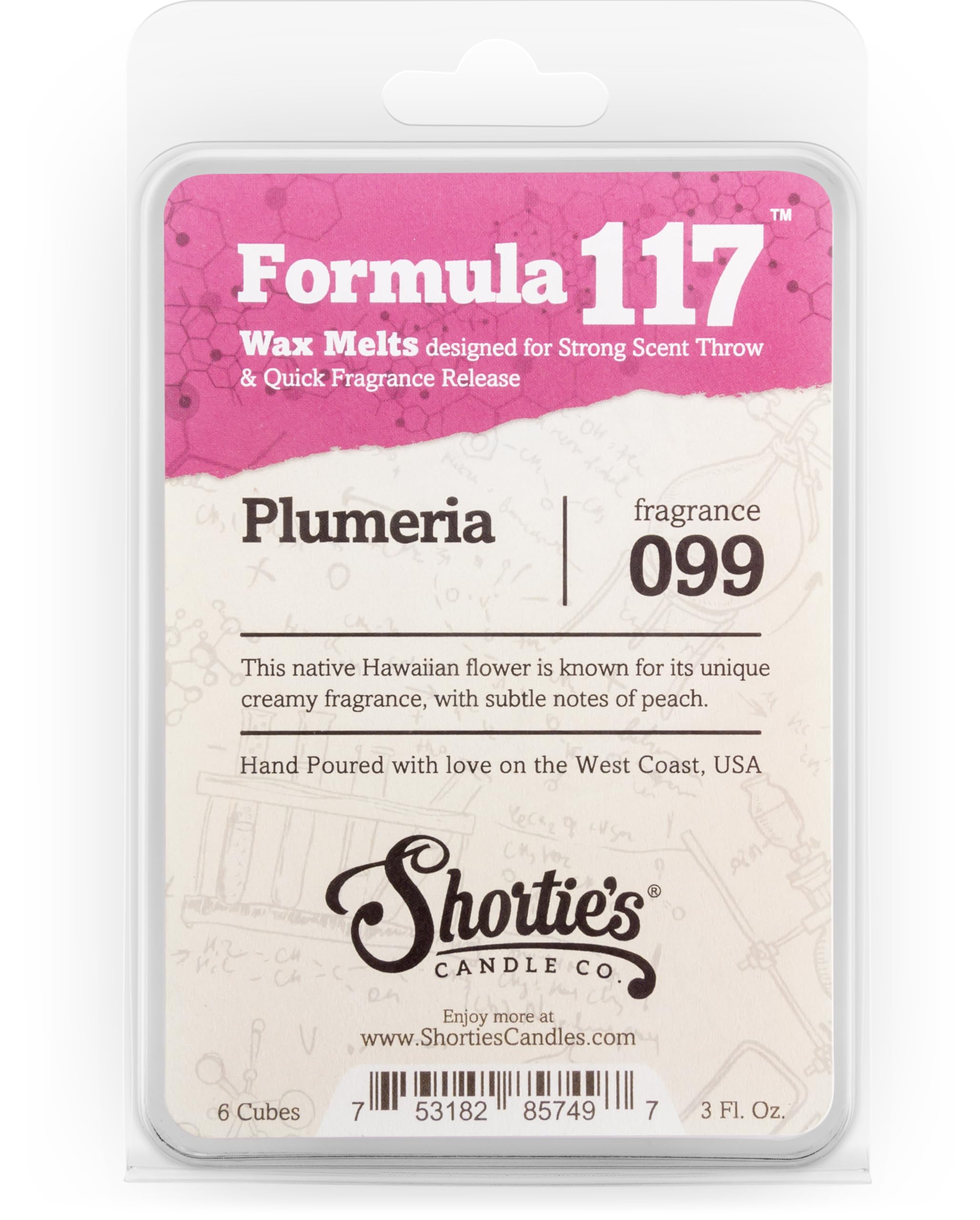 Shortie's Candle Company Pure Plumeria Wax Melts - Formula 117-1 Highly Scented 3 Oz. Bar - Made with Natural Oils - Flower & Fl