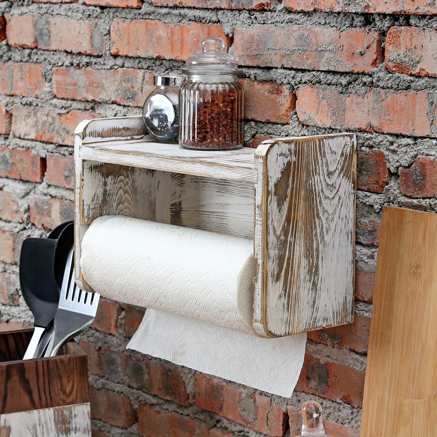 Mygift Paper Towel Roll Holder, Shabby Whitewashed Wood Farmhouse Wall Mounted Kitchen Napkin Dispenser Rack With Top Storage Sh