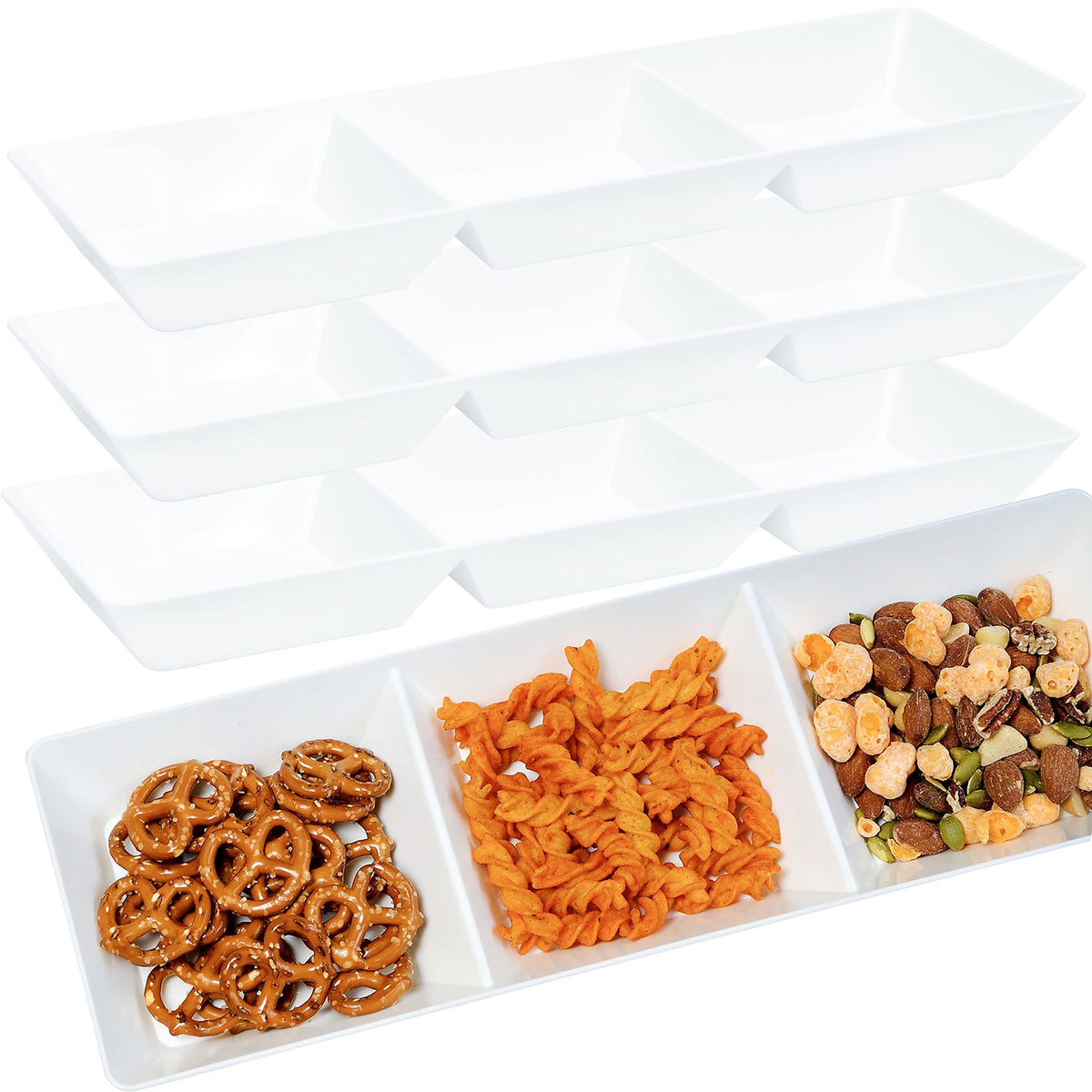 Youngever 4 Pack Stackable Serving Trays, Compartment Plastic Serving Trays, Serving Platters For Party, 15 Inch X 5 Inch (White