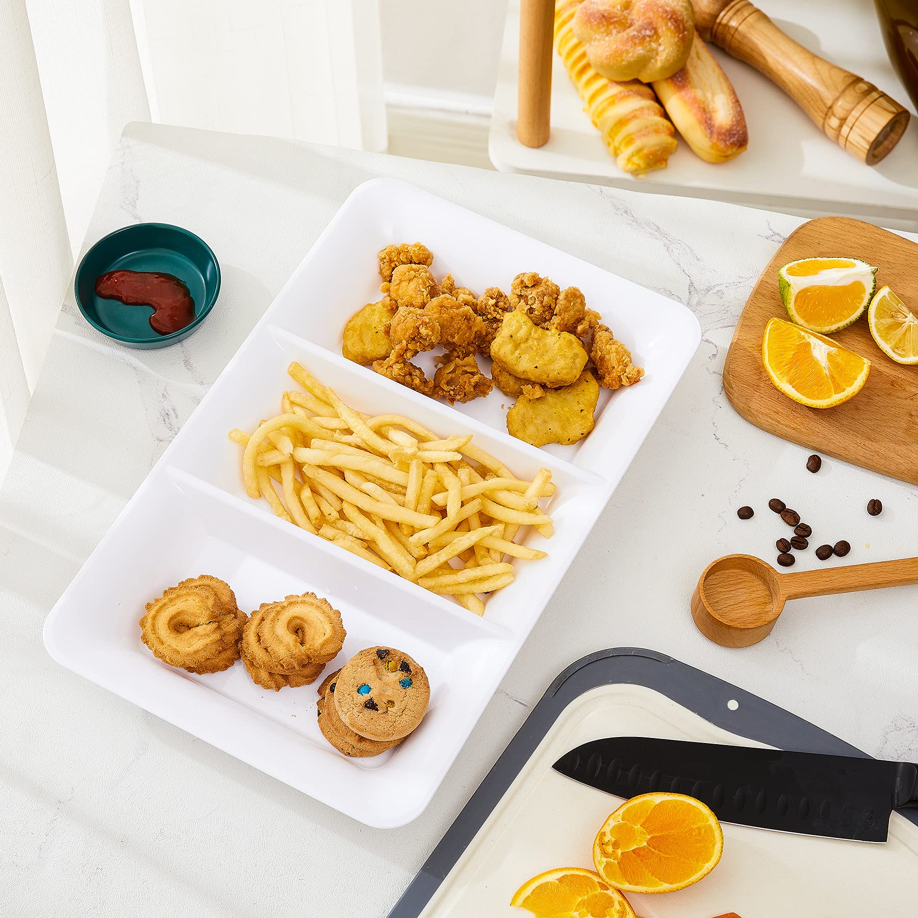 Lullaby 3 Sectional Plastic Serving Tray 14.2'' X 9'', 3 Pack White Serving Platters For Cheese Cracker Food, Durable And Reusab