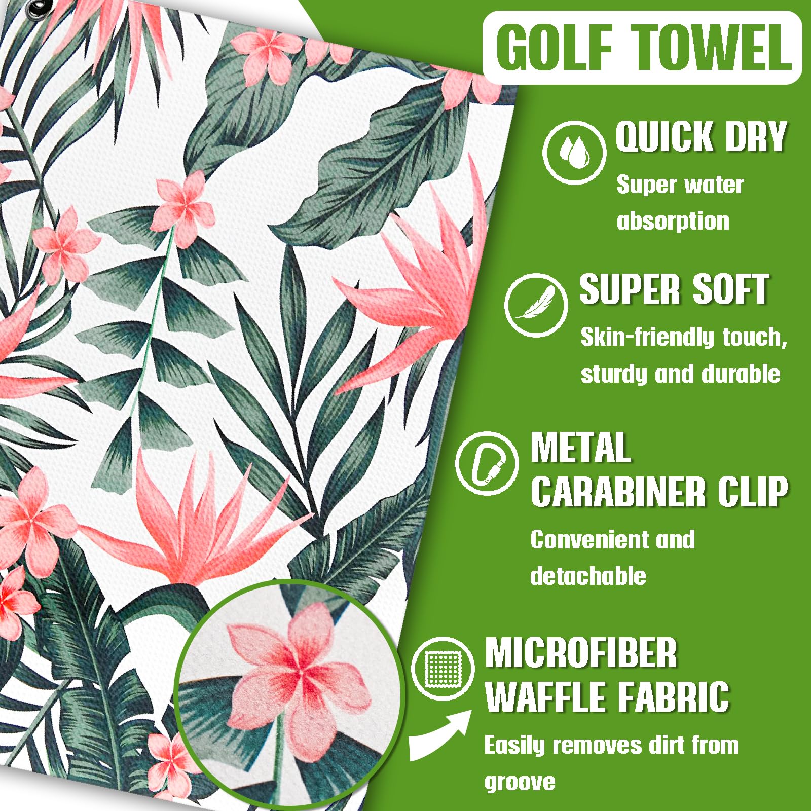 Tropical Plants Golf Towel and Brush Set, Microfiber Waffle Golf Bag Towel with Clip, Golf Cleaning Kit for Men and Women, Leave