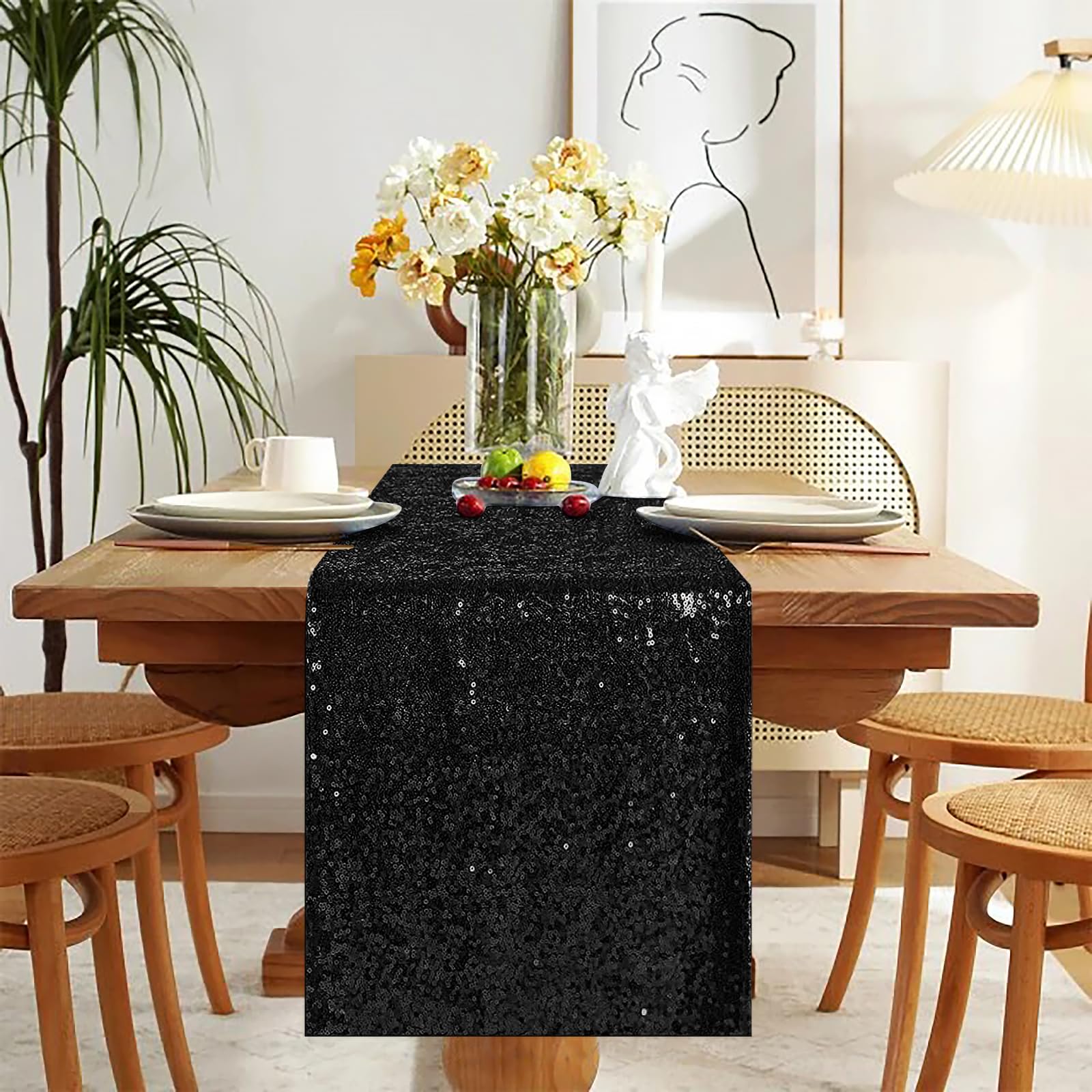 Ivarunner Black Sequin Table Runners, Black Table Runner 12''X 72'', Black Party Decorations, Glitter Table Runner For Birthday,