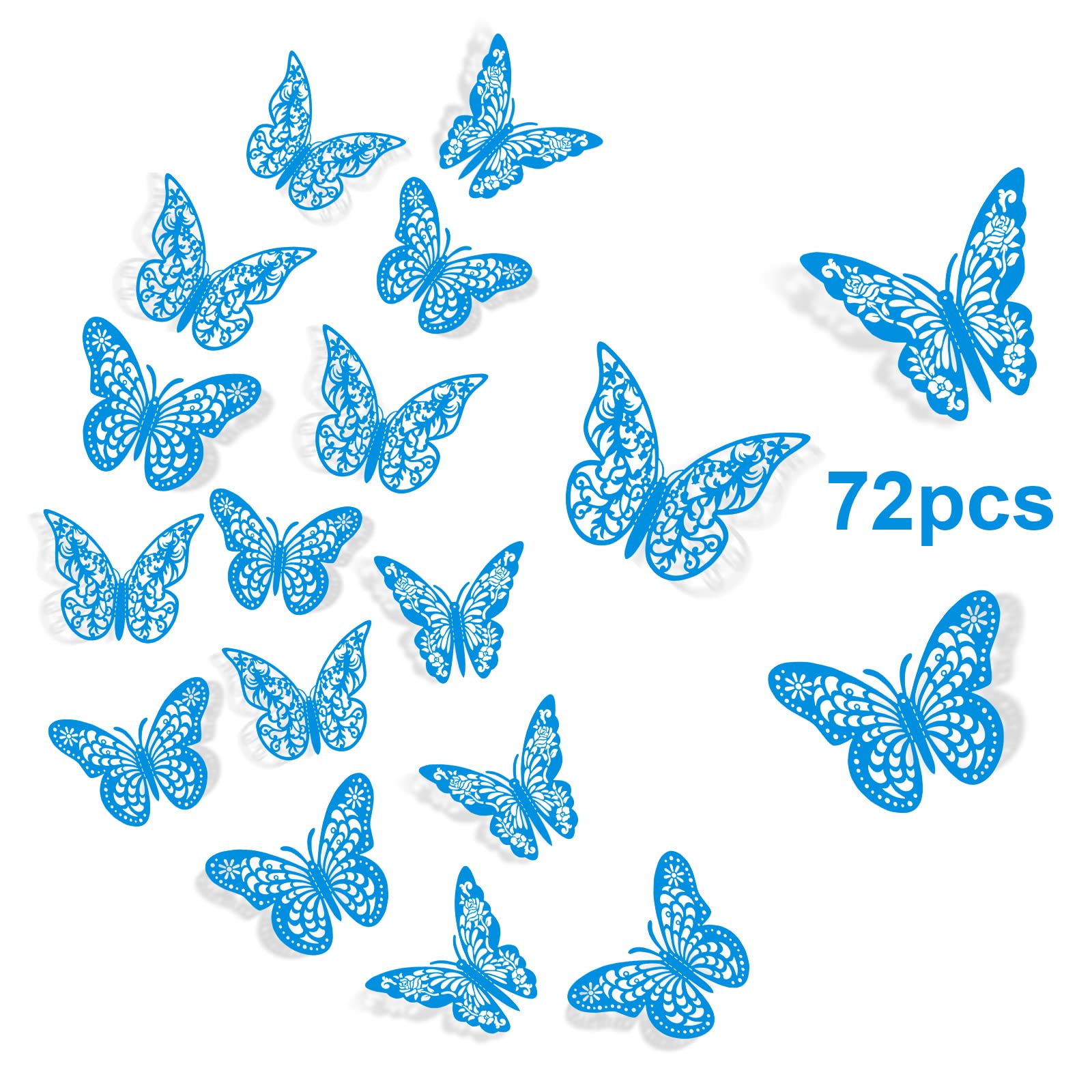 Insuwood 72 Pcs 3D Butterfly Wall Decor Stickers, 3 Styles 3 Sizes Blue Butterfly Decorations For Butterfly Party Birthday Cake