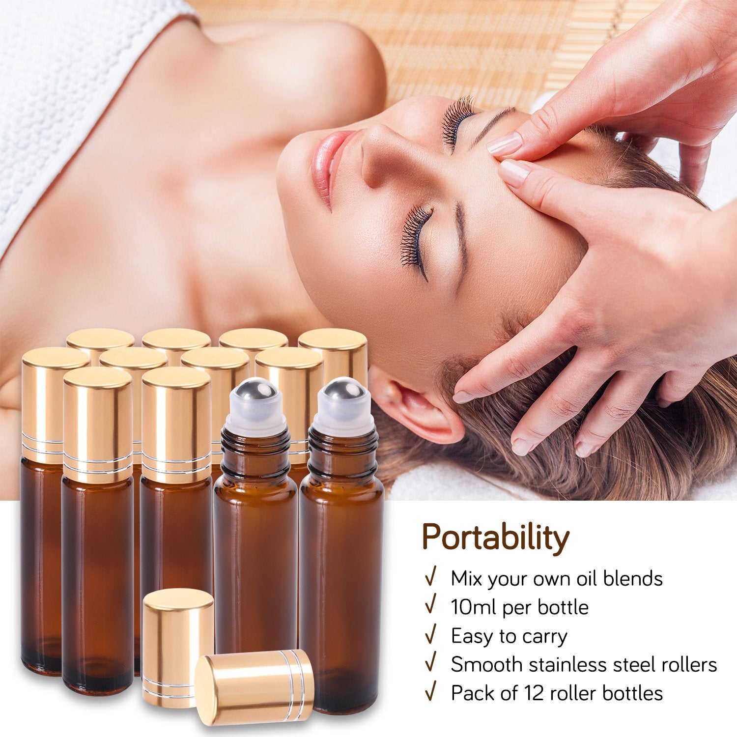 PrettyCare Essential Oil Roller Bottles 10ml (Amber Glass  12pack  2 Extra Roller Balls  24 Labels  Opener  2 Funnels Roller Balls  Roll on Bottles)