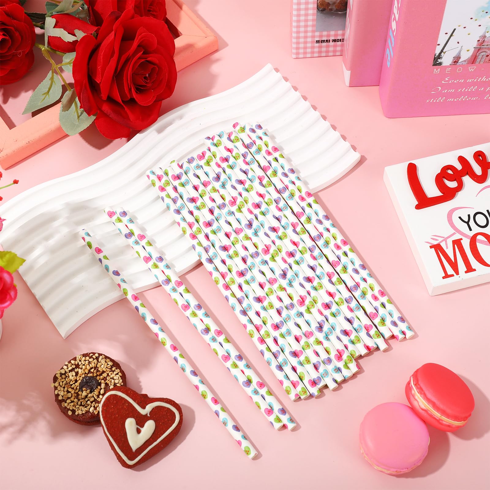 Whaline 200Pcs Valentine'S Day Paper Straws Conversation Heart Disposable Drinking Straws Candy Color Heart Decorative Straws Fo