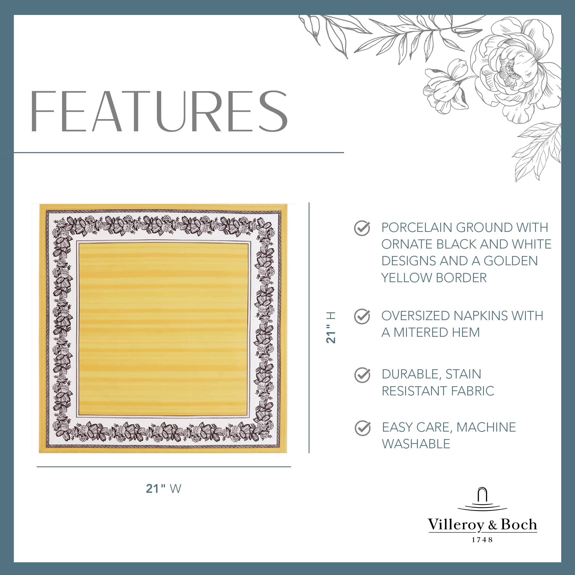 Villeroy And Boch Audun Oversized Cotton Fabric Napkins, 21 Inches By 21 Inches, Set Of 4