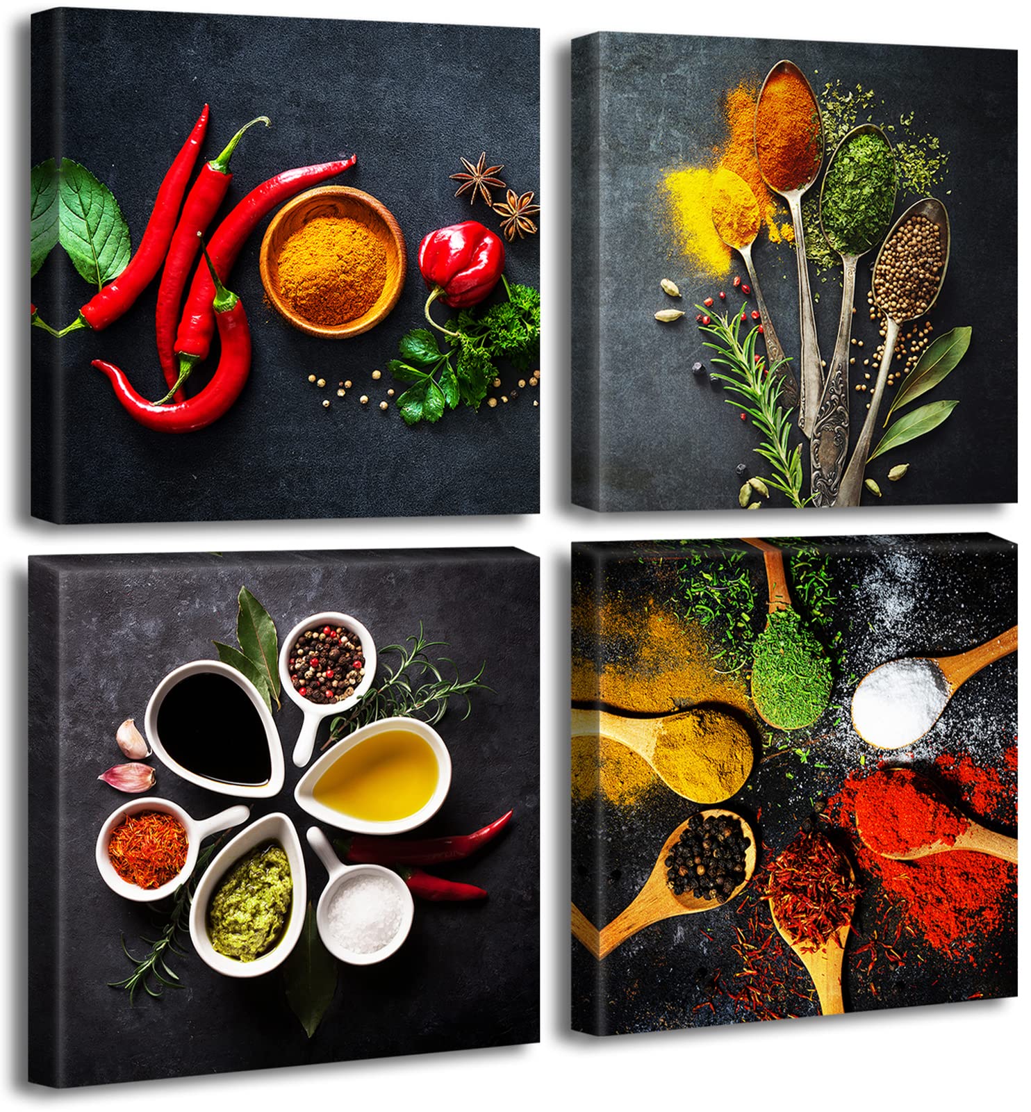 Kitchen Wall Decor Colorful Spices Seasoning Spoon Canvas Wall Art Vintage Painting Picture For Modern Home Dining Room Contempo