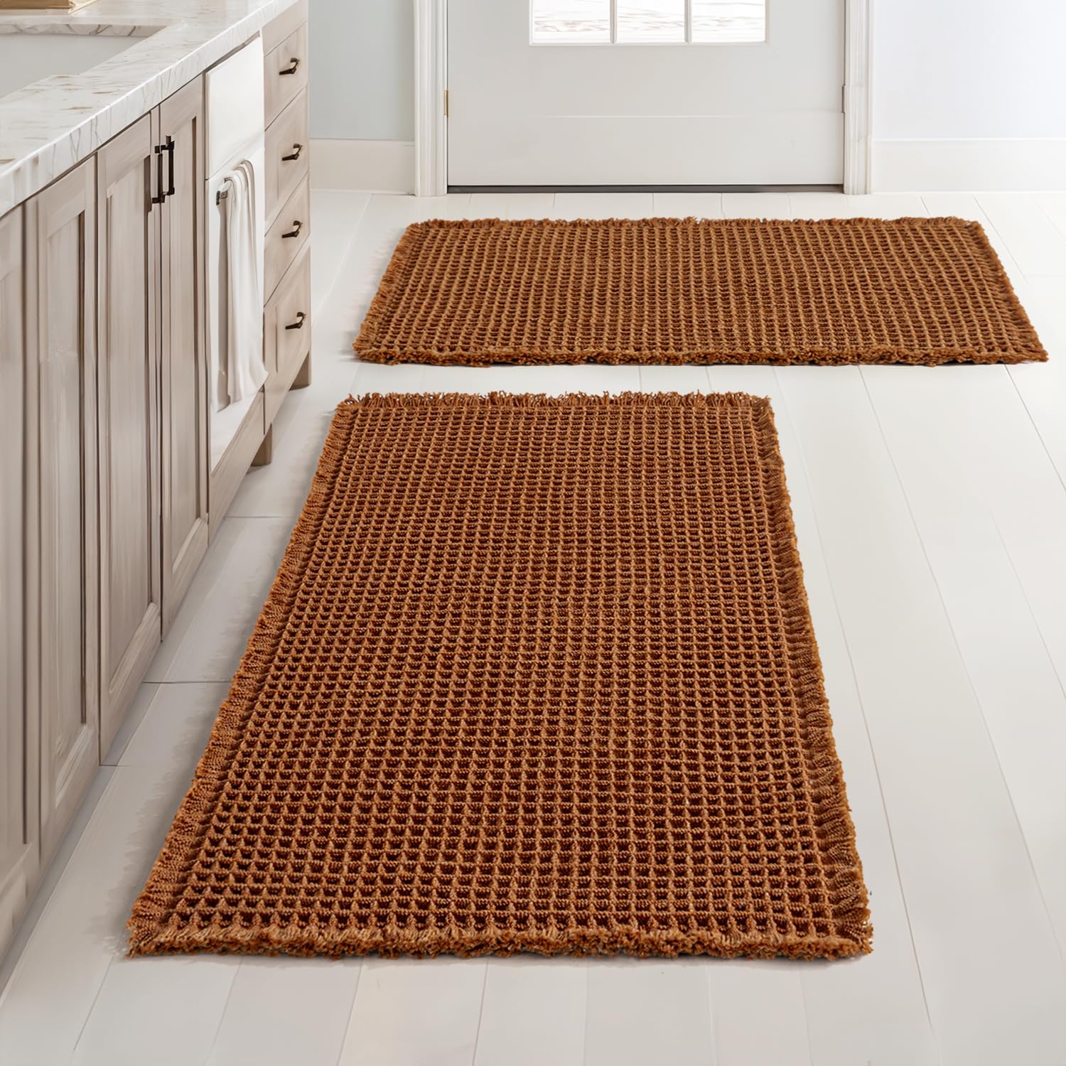 MIULEE Set of 2 Waffle Bathroom Rugs, Fall Boho Bath Rugs Non Slip Washable, Super Absorbent Bath Mats, Ultra Soft Rubber Backed