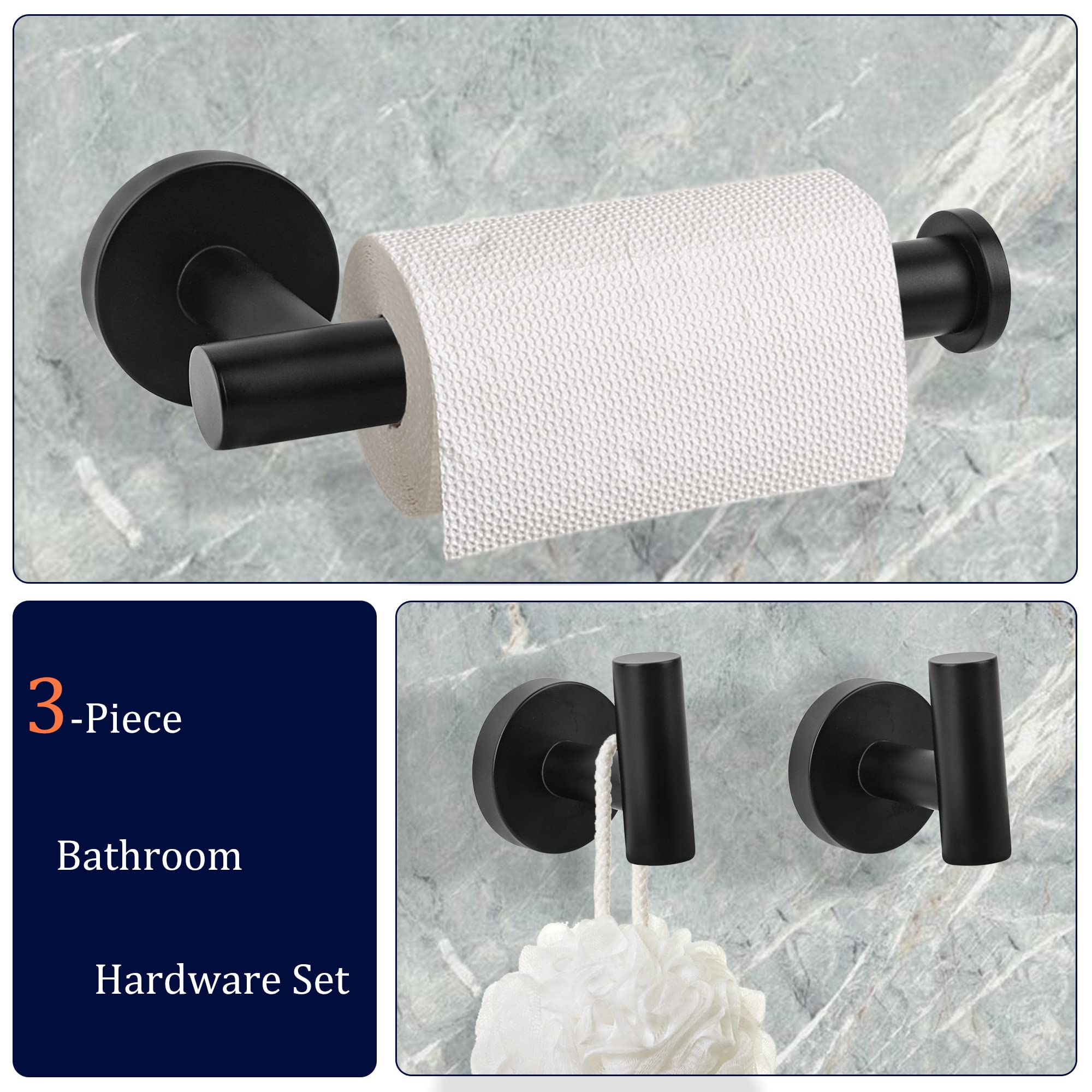 Lcezan Matte Black Bathroom Hardware Set, Premium Stainless Steel 3-Piece Include 5 Inch Toilet Paper Holders And 2 Towel Robe H
