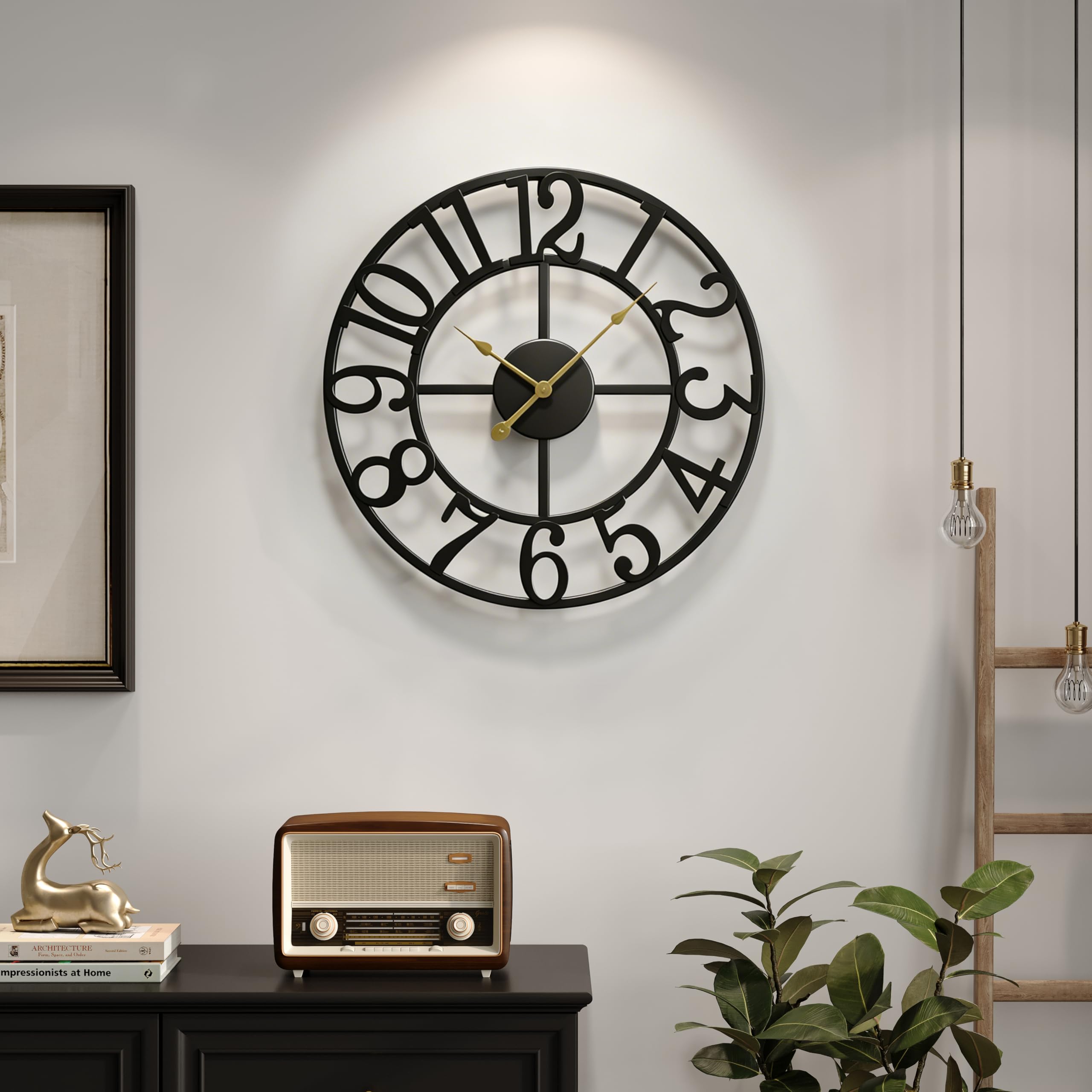 Cuspin Large Wall Clock 24 Inch For Living Room Decor, Silent Non Ticking Battery Operated Black Round Metal And Wood Wall Clock