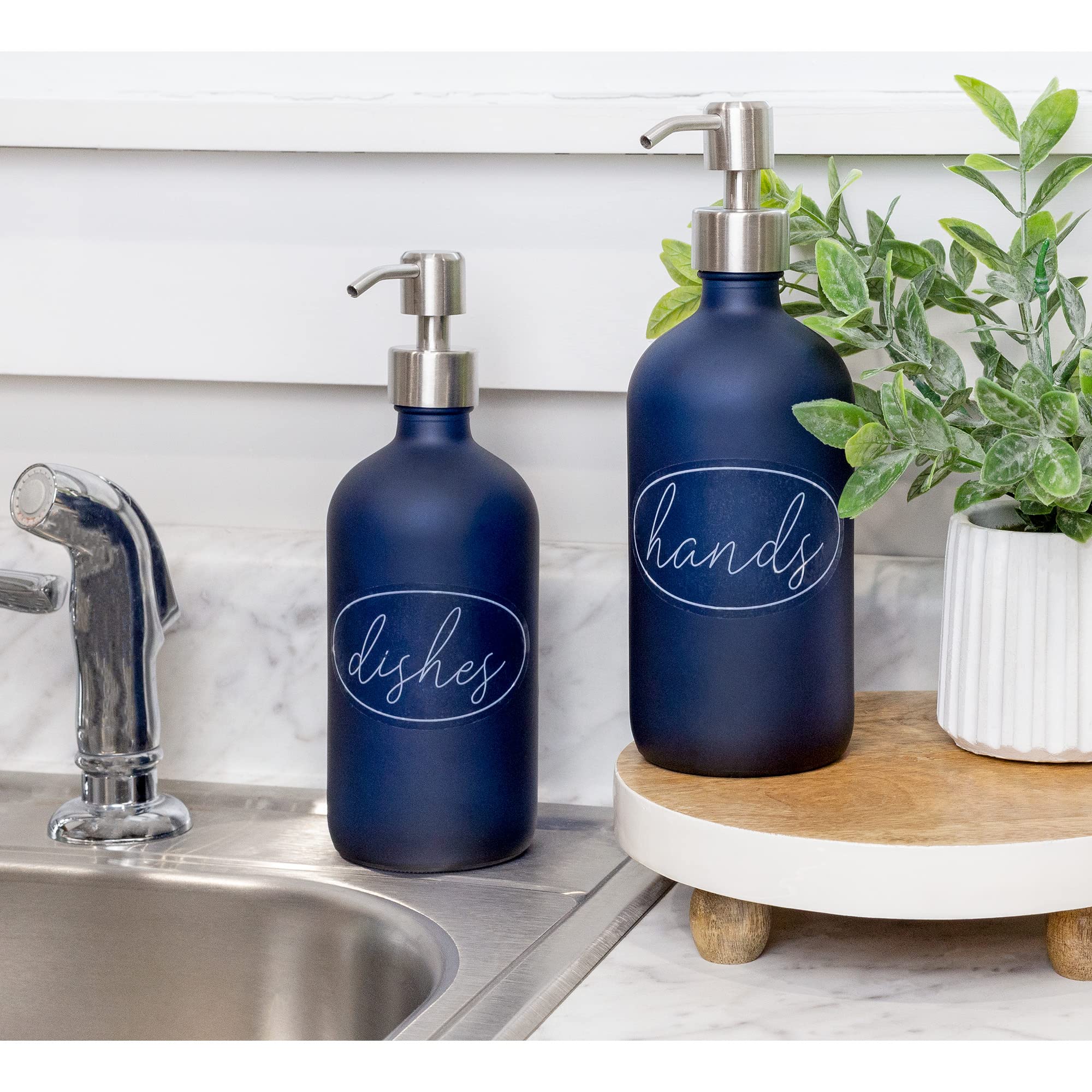 Cornucopia 16Oz Glass Pump Bottles (Set Of 2, Blue W/Silver; Soap Dispenser Pump Bottles With Brushed Metal Pump Tops