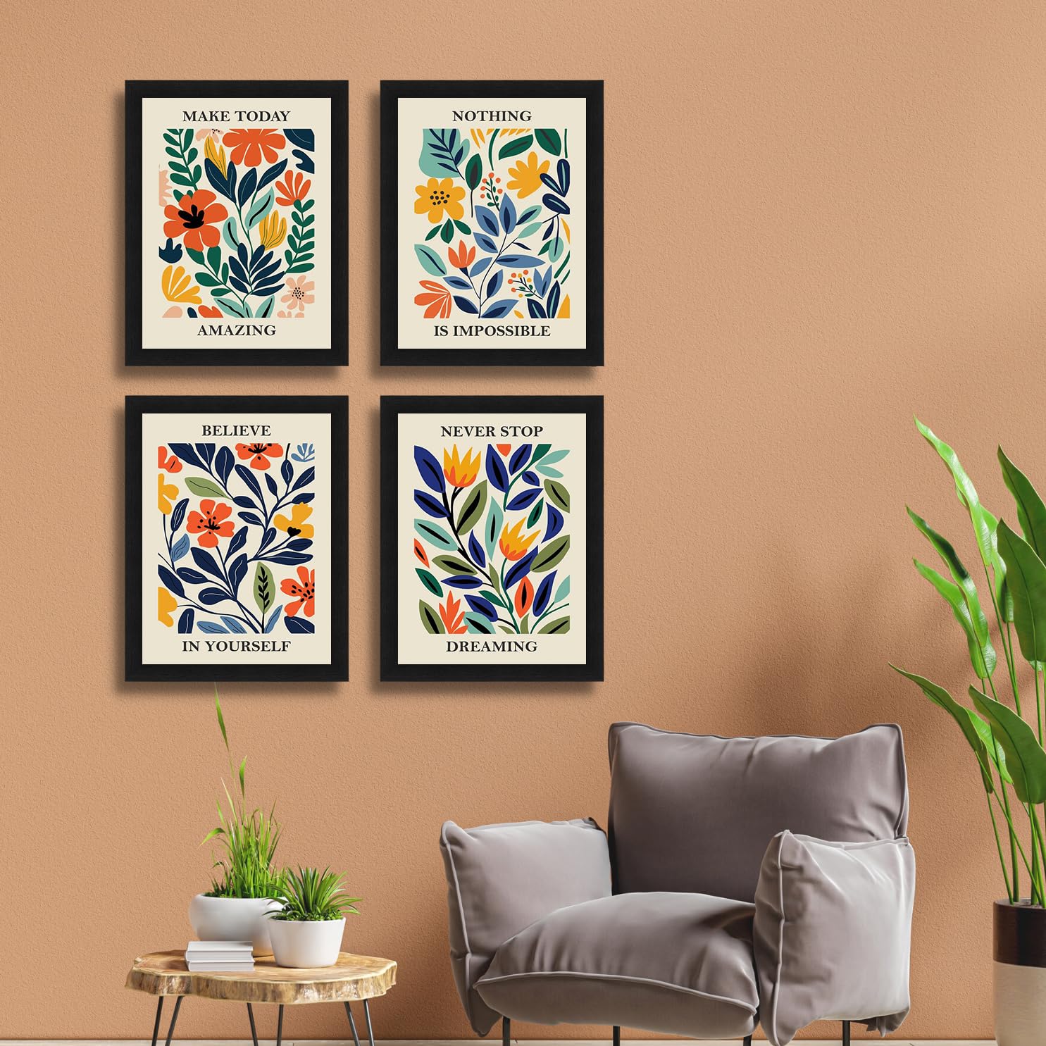 Interio Crafts Set Of 4 Inspirational Quotes Wall Framed Posters - Motivational Frames For Kitchen, Living Room, Bedroom Or Stud