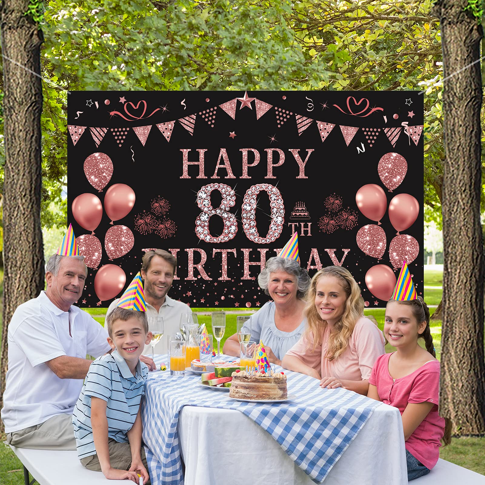 Trgowaul 80Th Birthday Decorations For Women Rose Gold Birthday Backdrop Banner 5.9 X 3.6 Fts Happy 80Th Birthday Party Suppiles