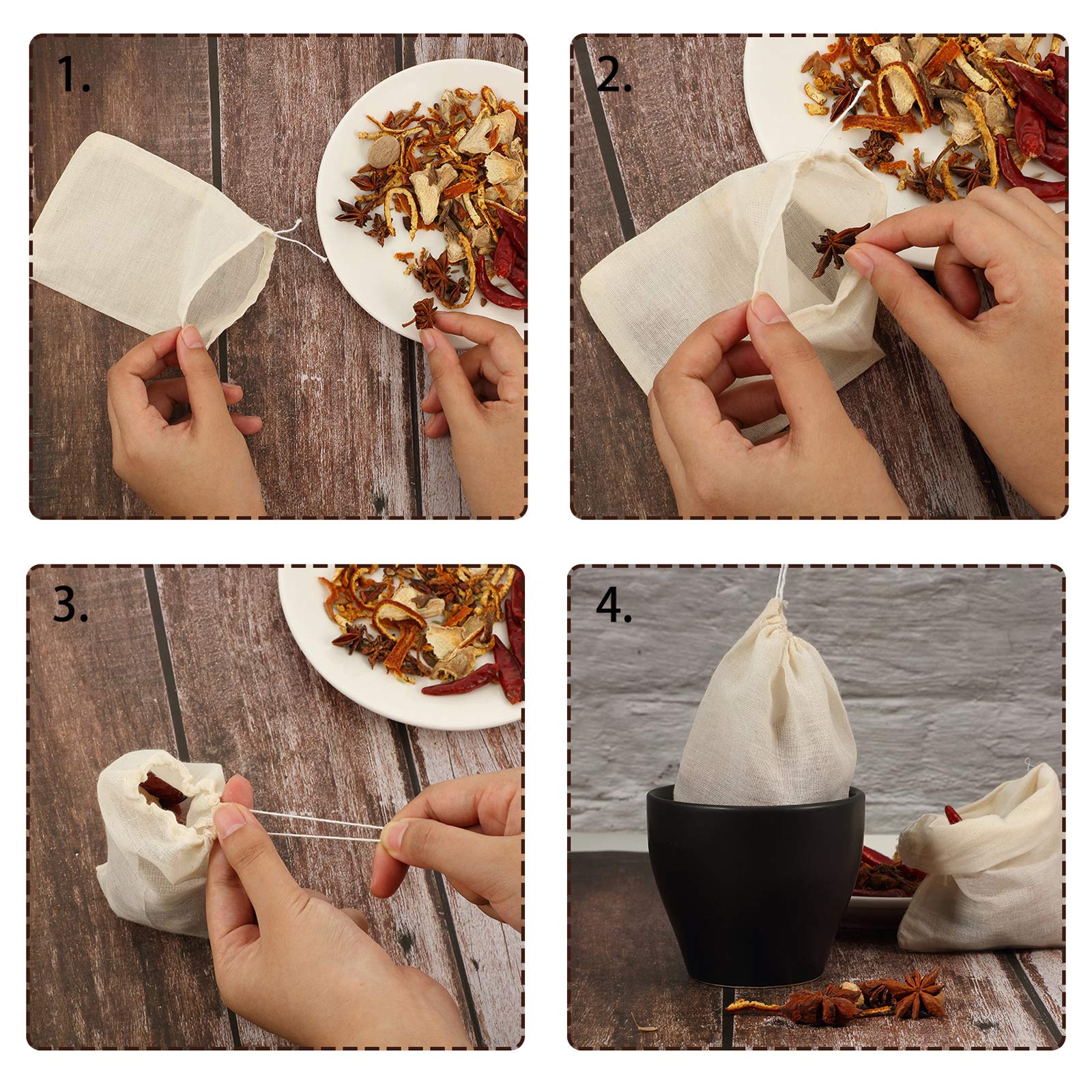 Boao 24 Pieces Spice Bags For Cooking Cheesecloth Bags For Straining Reusable Empty Tea Bags Drawstring Soup Bags Muslin Bags (3