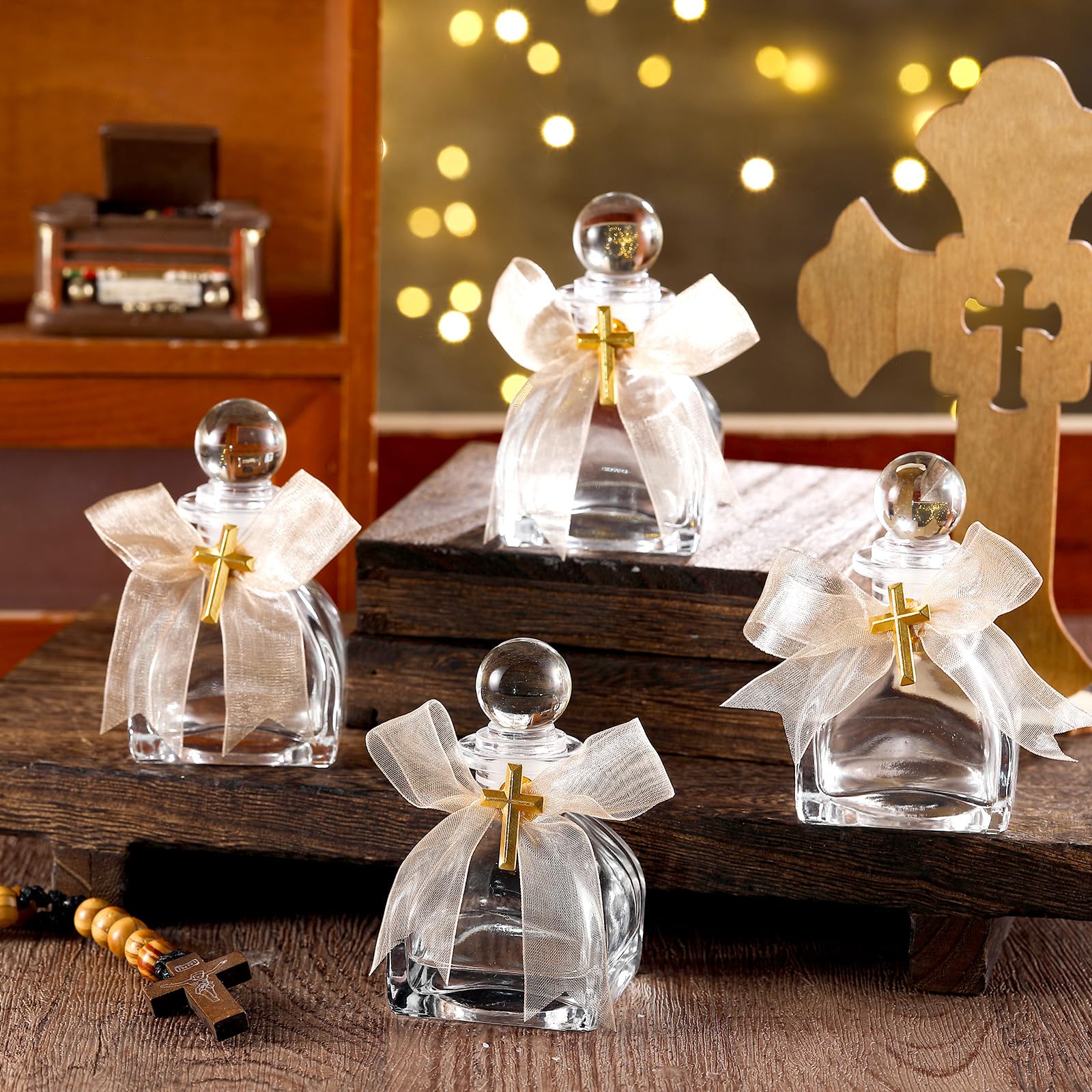 Chuangdi 24 Set Holy Water Bottles Catholic Clear Holy Water Container 50ml Christian Glass Bottle with Cross Lapel Pin and Lace