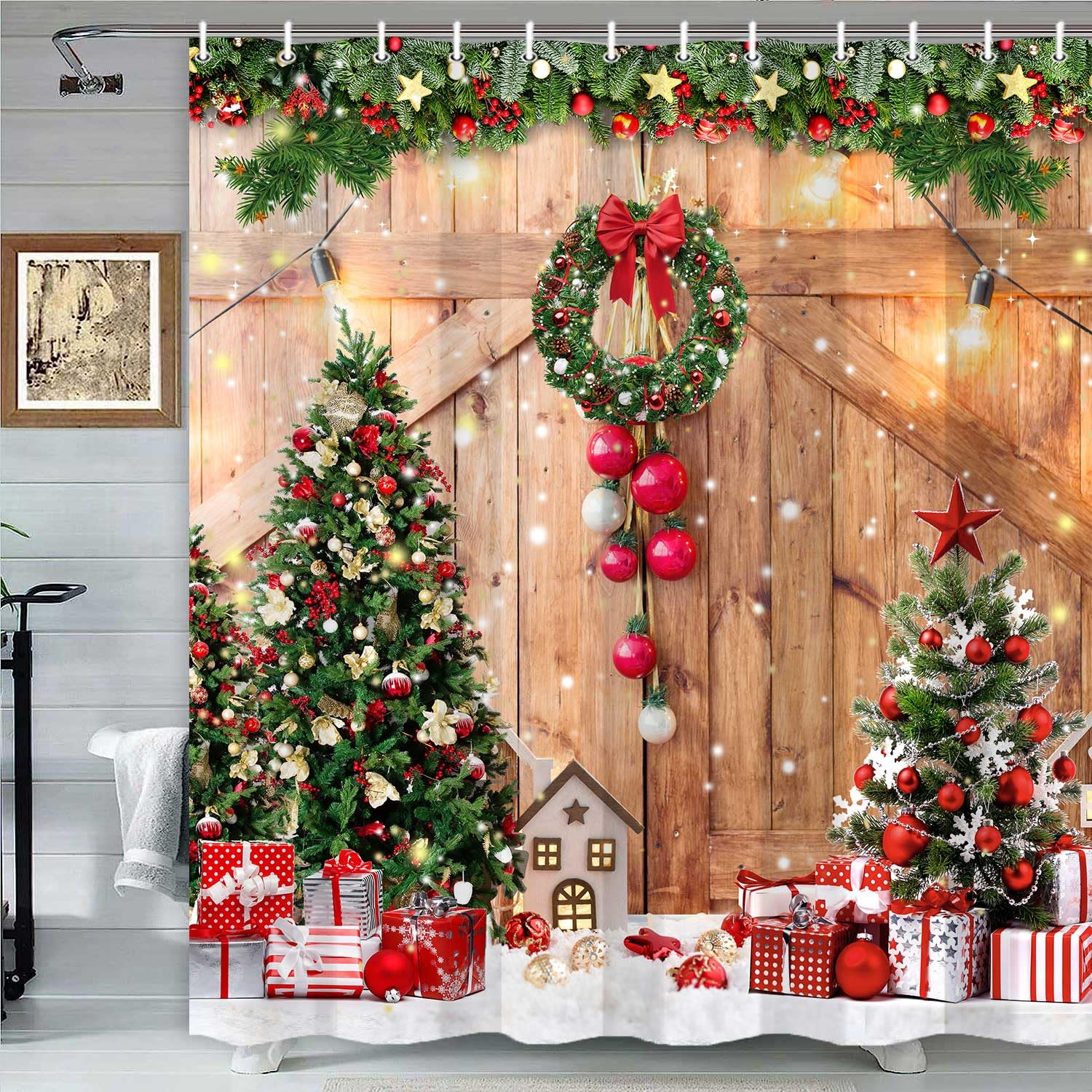 Hjokiupt Farmhouse Christmas Shower Curtain, Winter Xmas Tree Home Decor Wooden Barn Door Fabric Shower Curtains For Bathroom, C