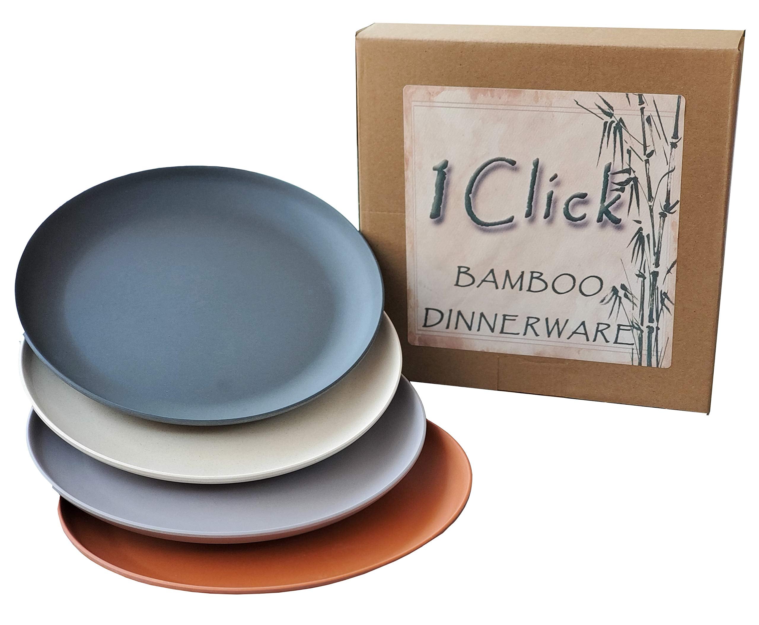 1 Click Bamboo Fiber Salad/Dessert Plates, Set Of 4, Multicolor, Modern Bamboo Fiber Dinnerware, For Indoor And Outdoor Events