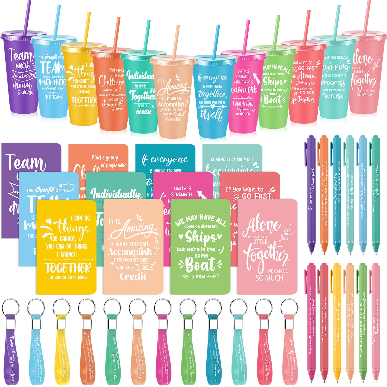 Hollowfly 12 Sets/48 Pcs Appreciation Gifts for Employee, 24oz Inspirational Plastic Cups with Lid Straw Notebooks Ballpoint Pen