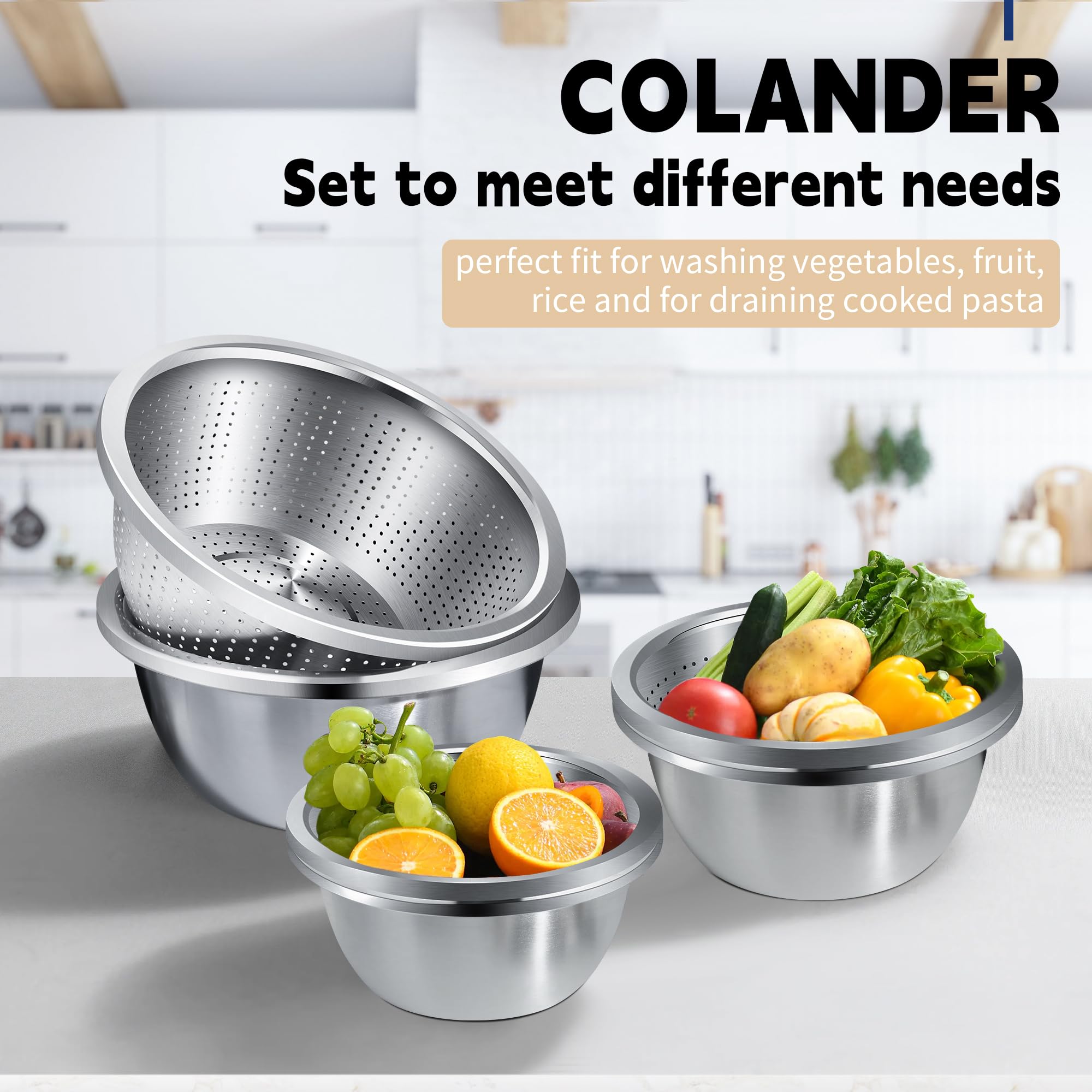Gulex Colander 304 Stainless Steel 3-Quart With Mixing Bowls, Strainer For Kitchen Food For Washing Vegetables, Fruit, Rice, Dis