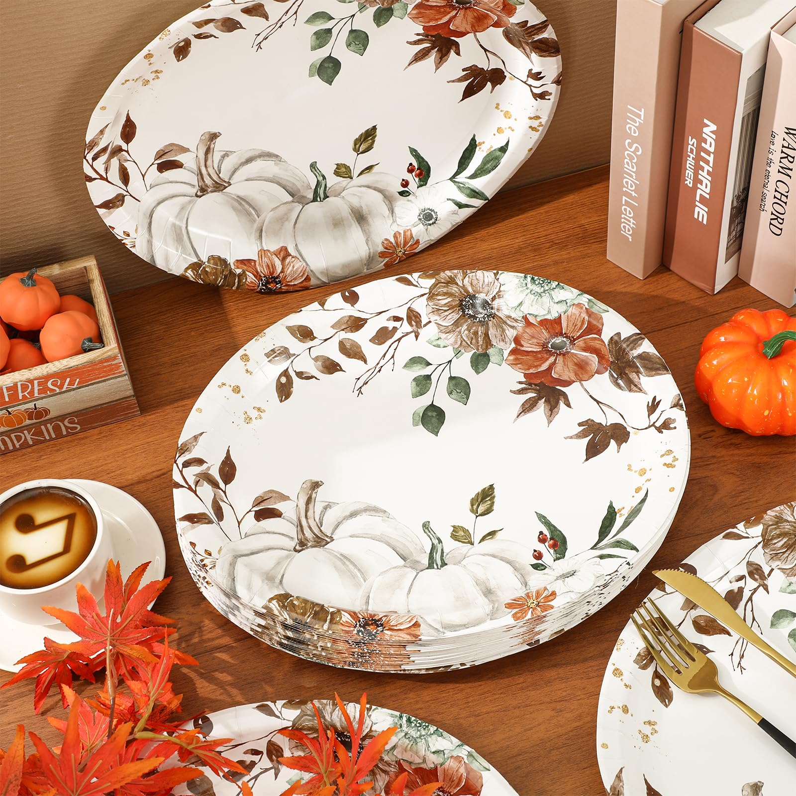 50Pcs Fall Oval Paper Plates Pumpkin Floral Disposable Dinner Plates for Autumn Thanksgiving Harvest Party Supplies
