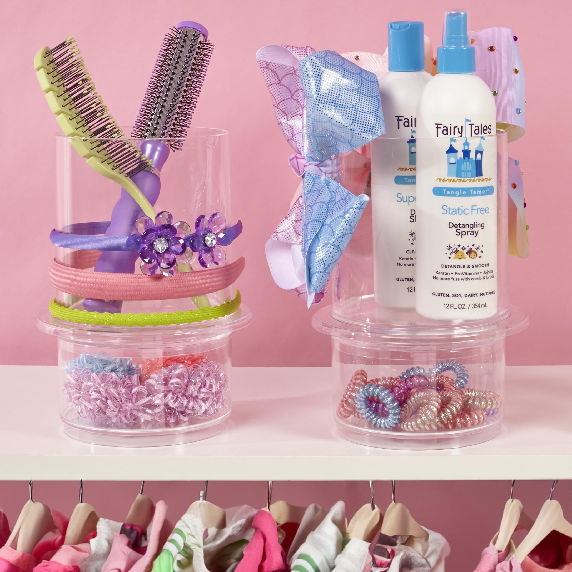 Stori Bella Stackable Clear Plastic Hair Accessory Organizer Set | Round Headband And Hairbrush Holder Stacks On The Storage Con