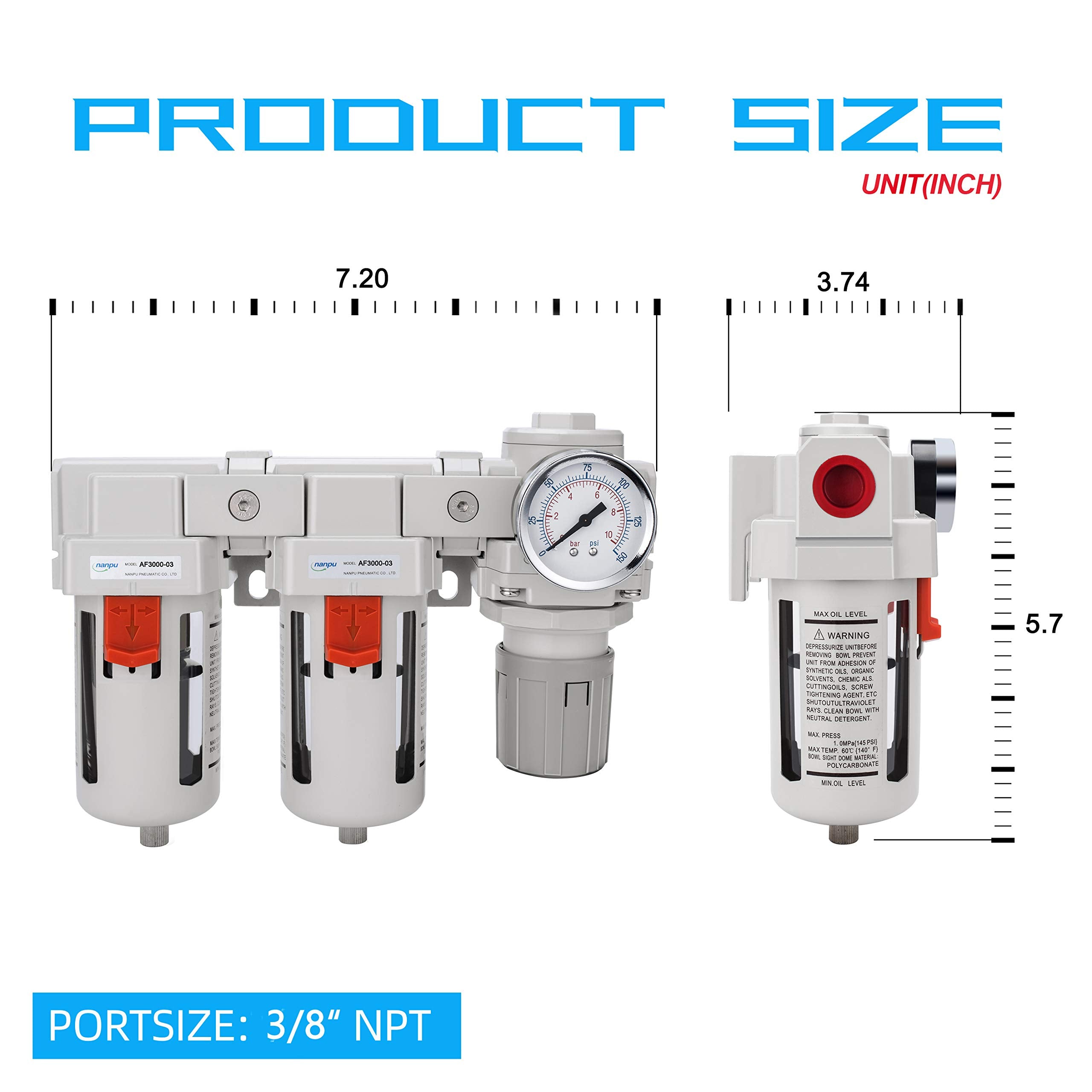 Nanpu Dfr-03 38 Npt Air Drying System - Double Air Filters, Air Pressure Regulator Combo - Semi-Auto Drain, Poly Bowl