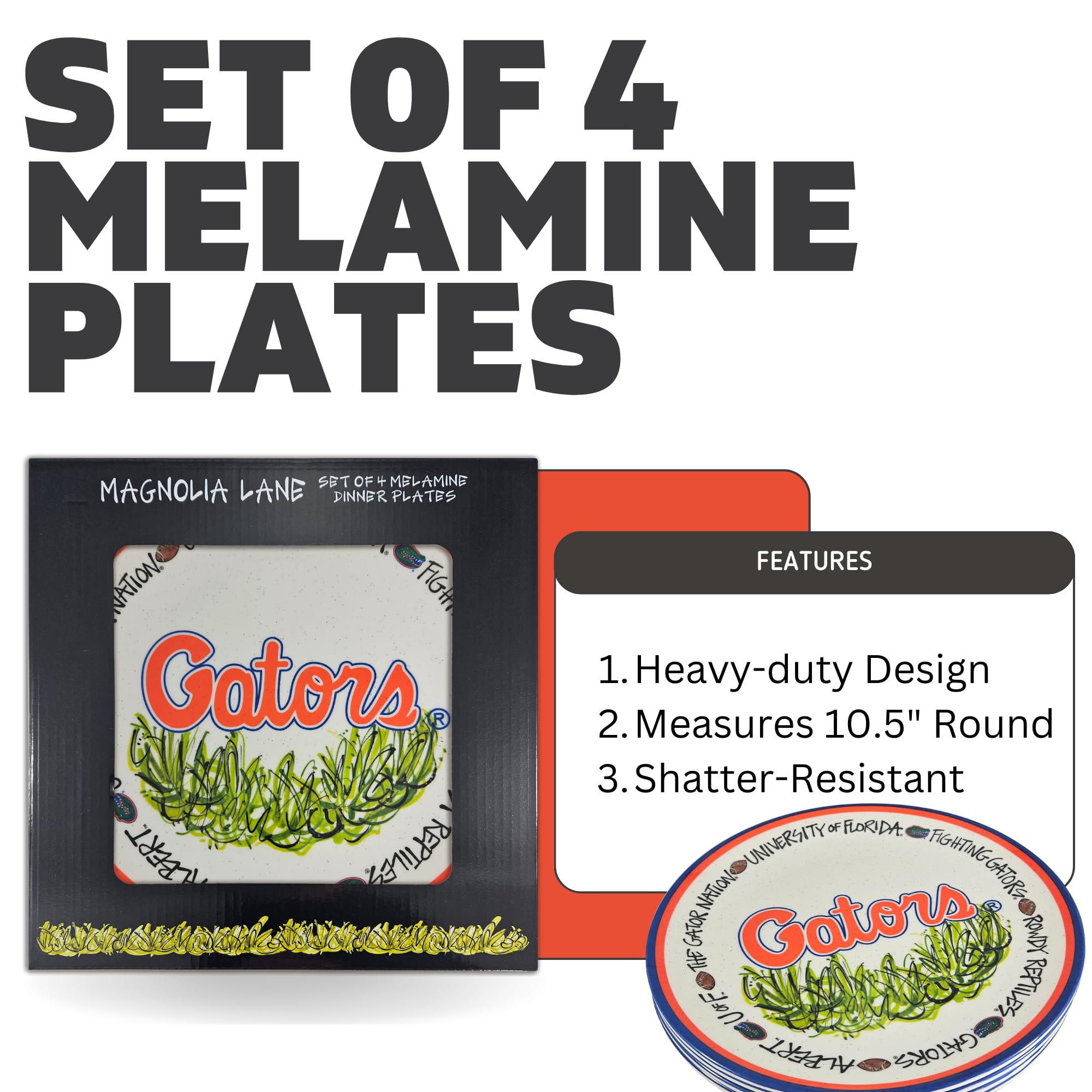 Magnolia Lane University of Florida Gators 10.5-Inch Melamine Dinner Plate Set of 4 Perfect for Game Day, BBQs, Tailgating, Pool